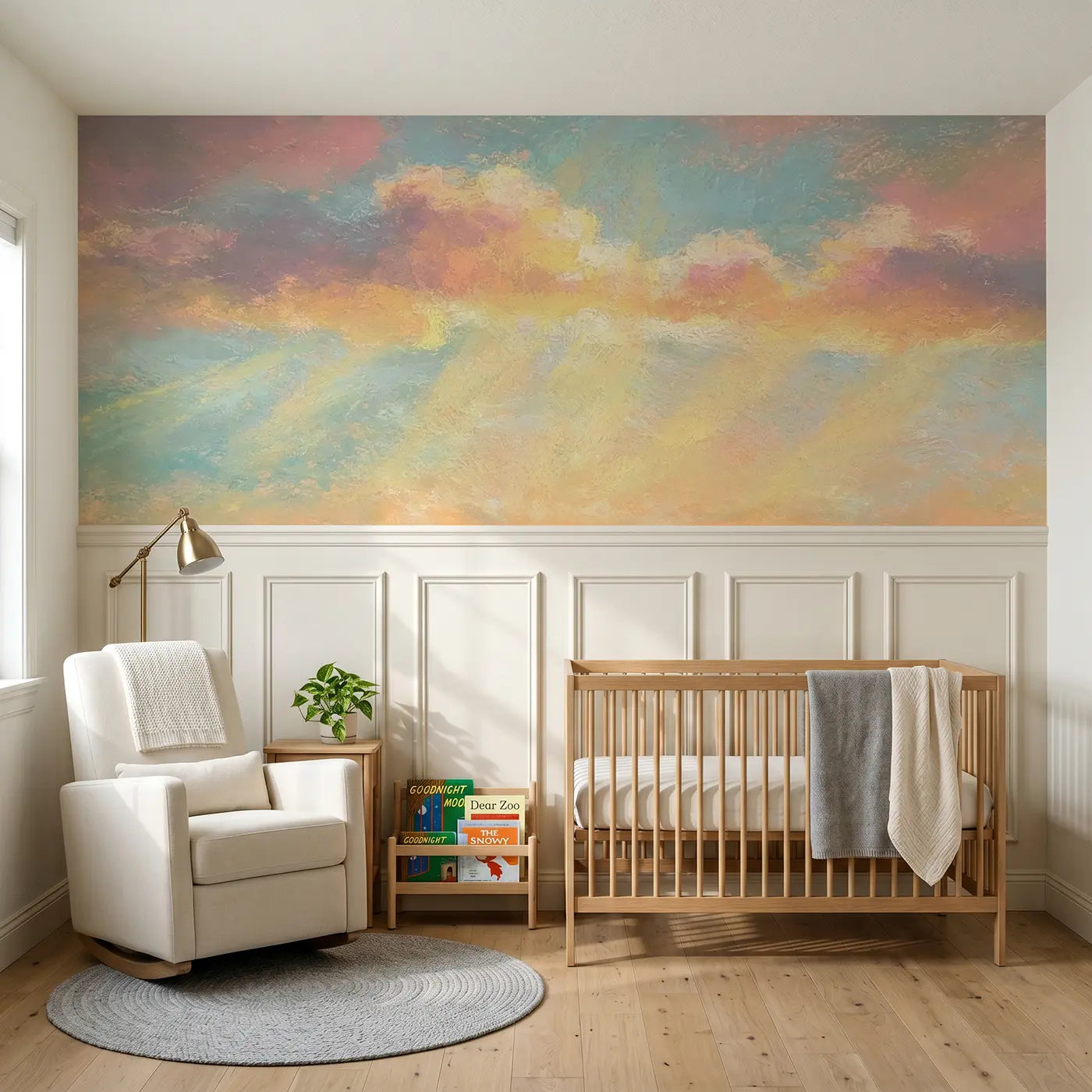 Soft Pastel sunrise cloud glow wainscoting wallpaper for nursery by Whimsy Tots