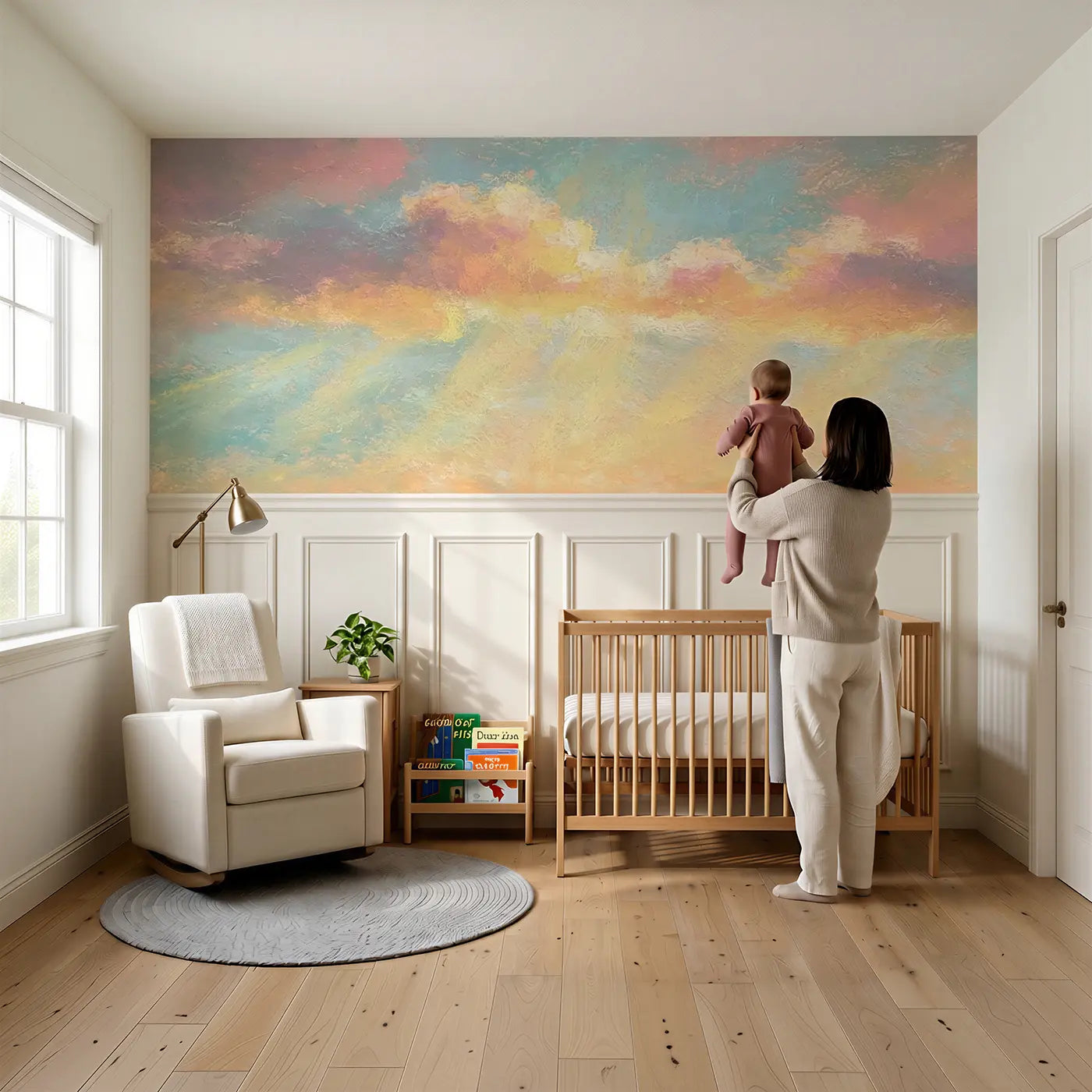 Child reading near Pastel Sunrise Cloud Glow Wainscoting Wallpaper by Whimsy Tots