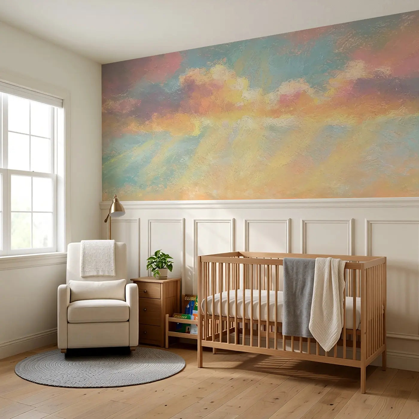 Pastel Sunrise Cloud Glow Wainscoting Wallpaper styled in a kids bedroom by Whimsy Tots