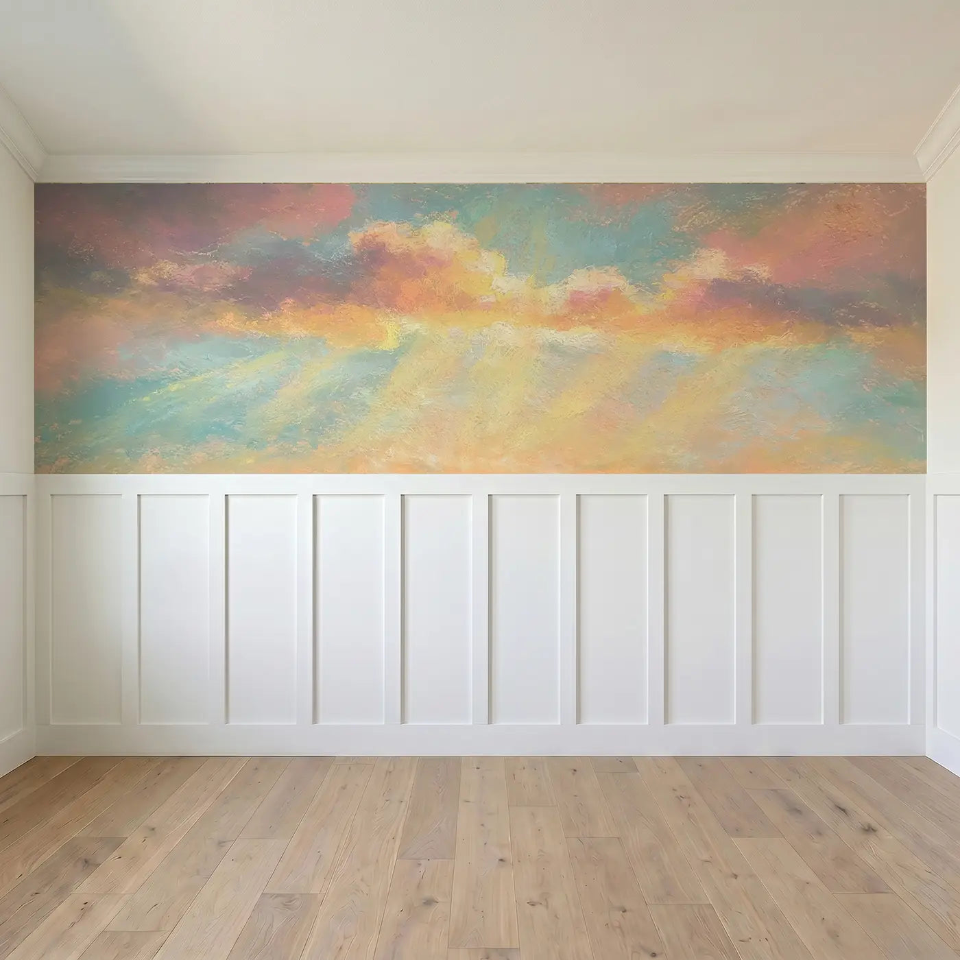 Full panel view of Pastel Sunrise Cloud Glow Wainscoting Wallpaper by Whimsy Tots