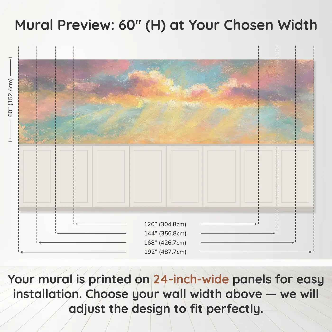 Panel dimensions for Pastel Sunrise Cloud Glow Wainscoting Wallpaper by Whimsy Tots
