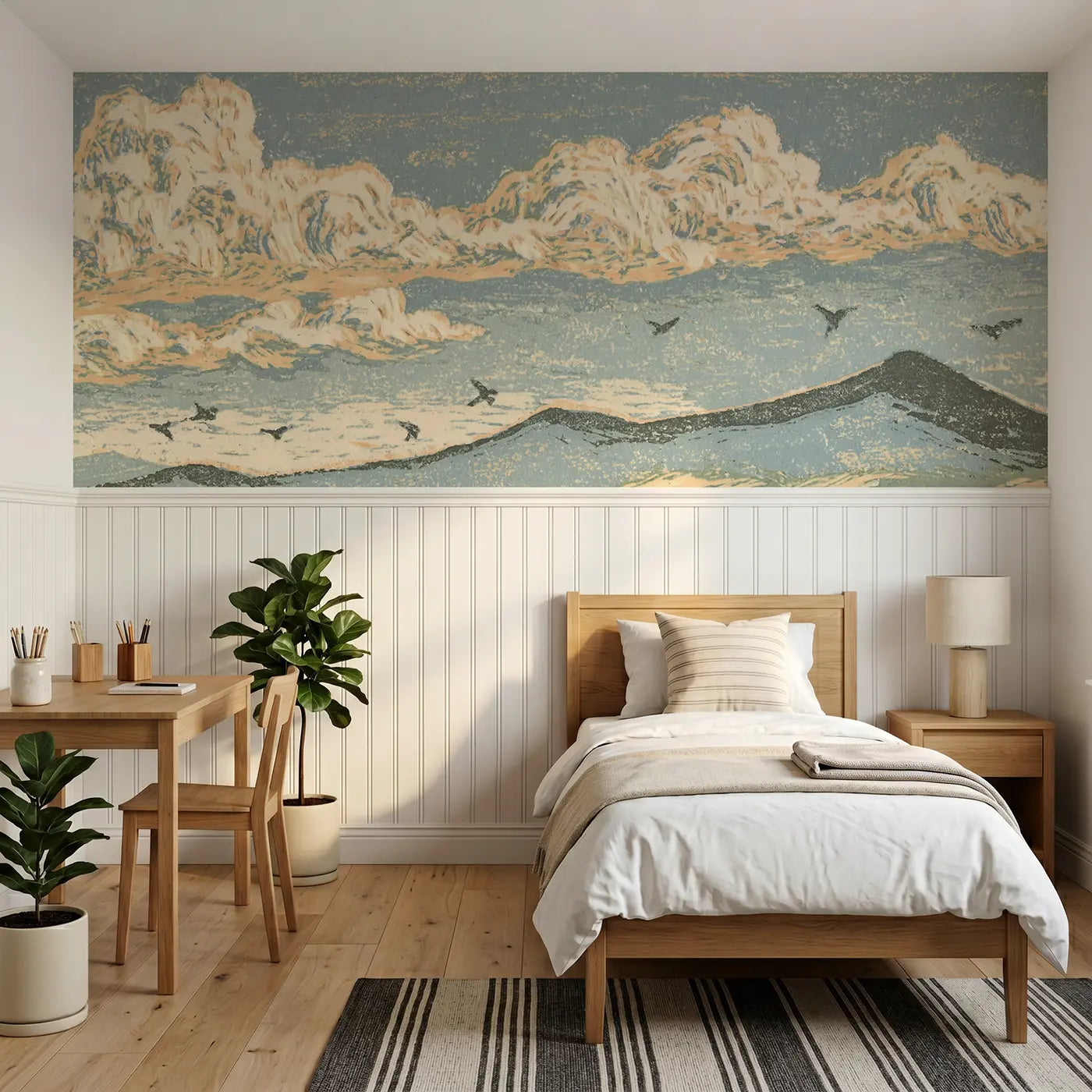 Block Print carved cloud mountain band wainscoting wallpaper for bedroom by Whimsy Tots