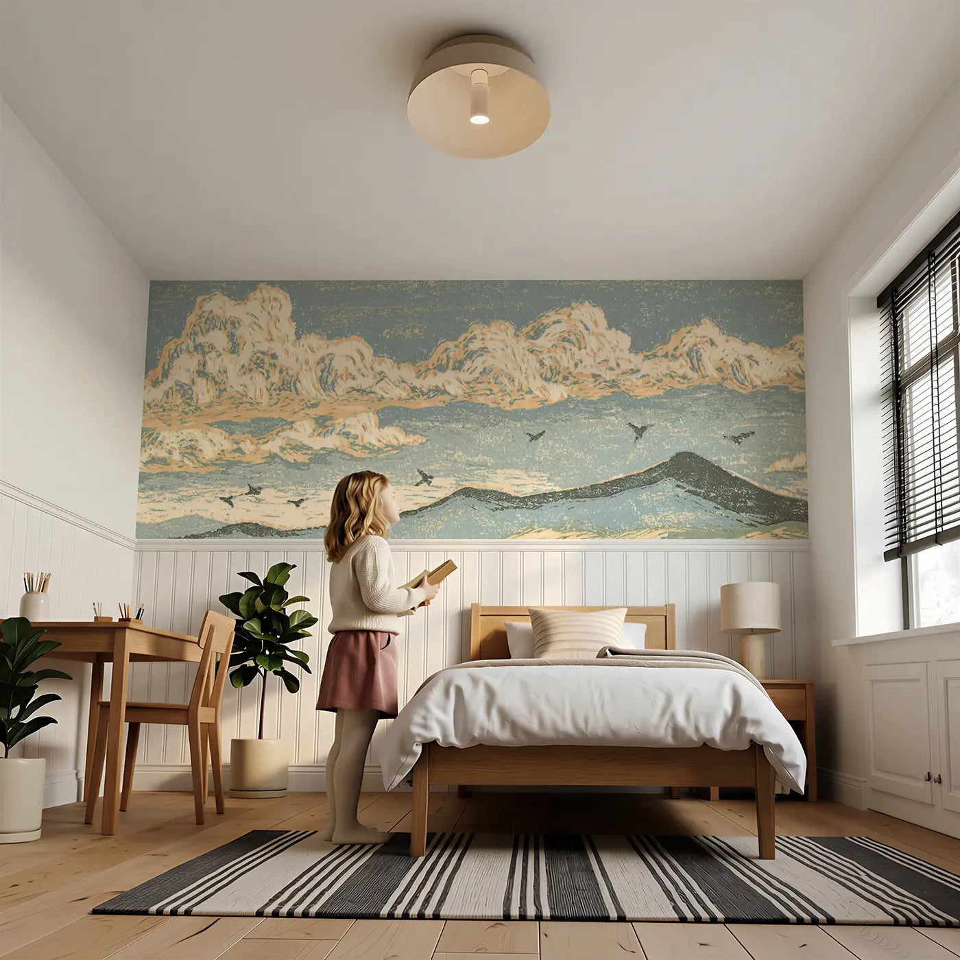 Child reading near Carved Cloud Mountain Band Wainscoting Wallpaper by Whimsy Tots