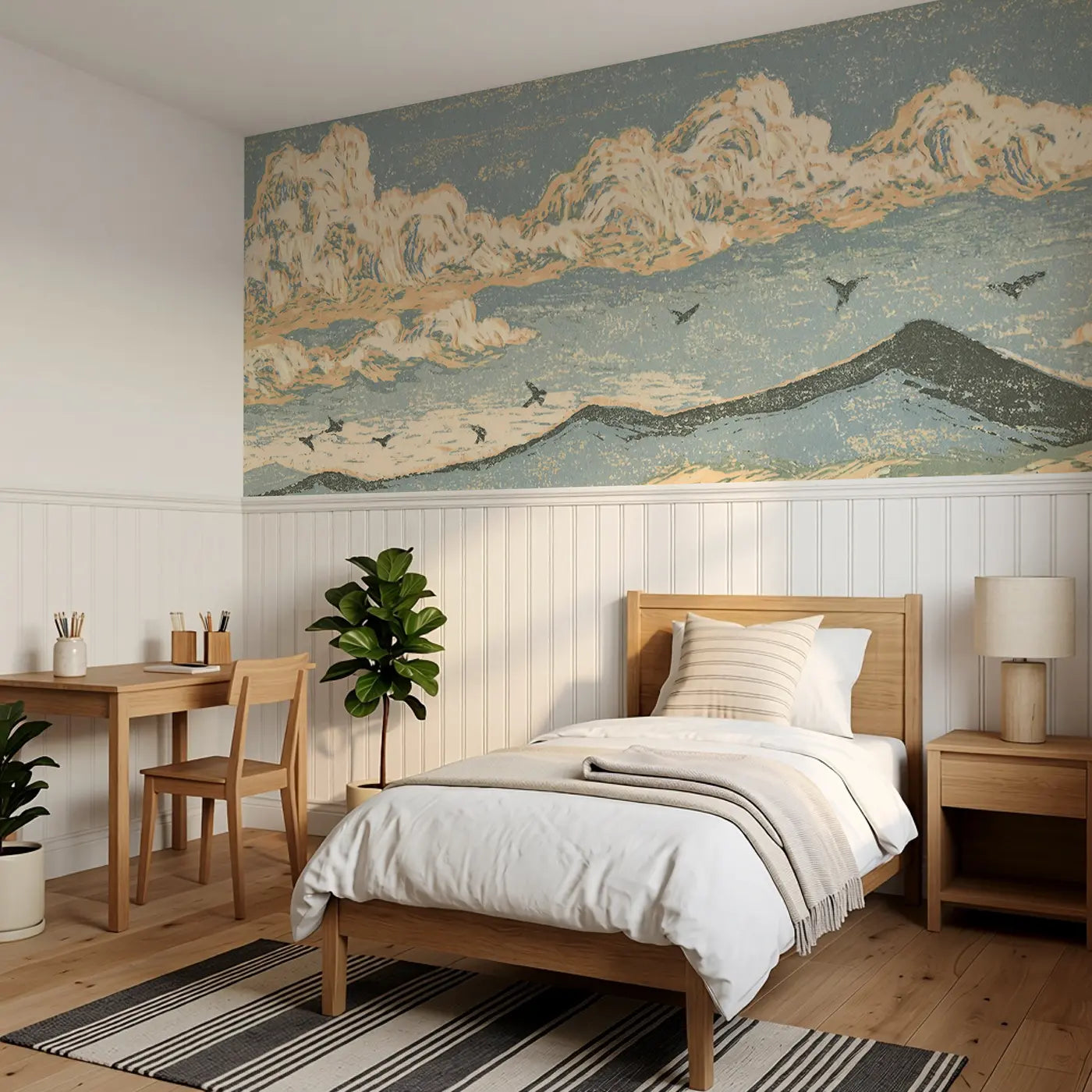 Carved Cloud Mountain Band Wainscoting Wallpaper styled in a kids bedroom by Whimsy Tots