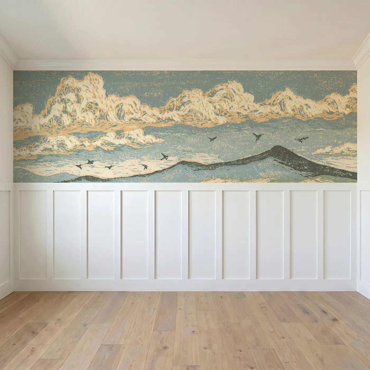 Full panel view of Carved Cloud Mountain Band Wainscoting Wallpaper by Whimsy Tots