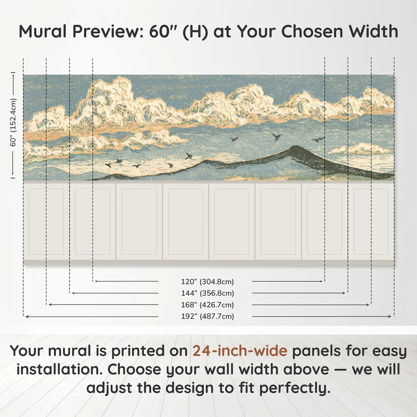 Panel dimensions for Carved Cloud Mountain Band Wainscoting Wallpaper by Whimsy Tots