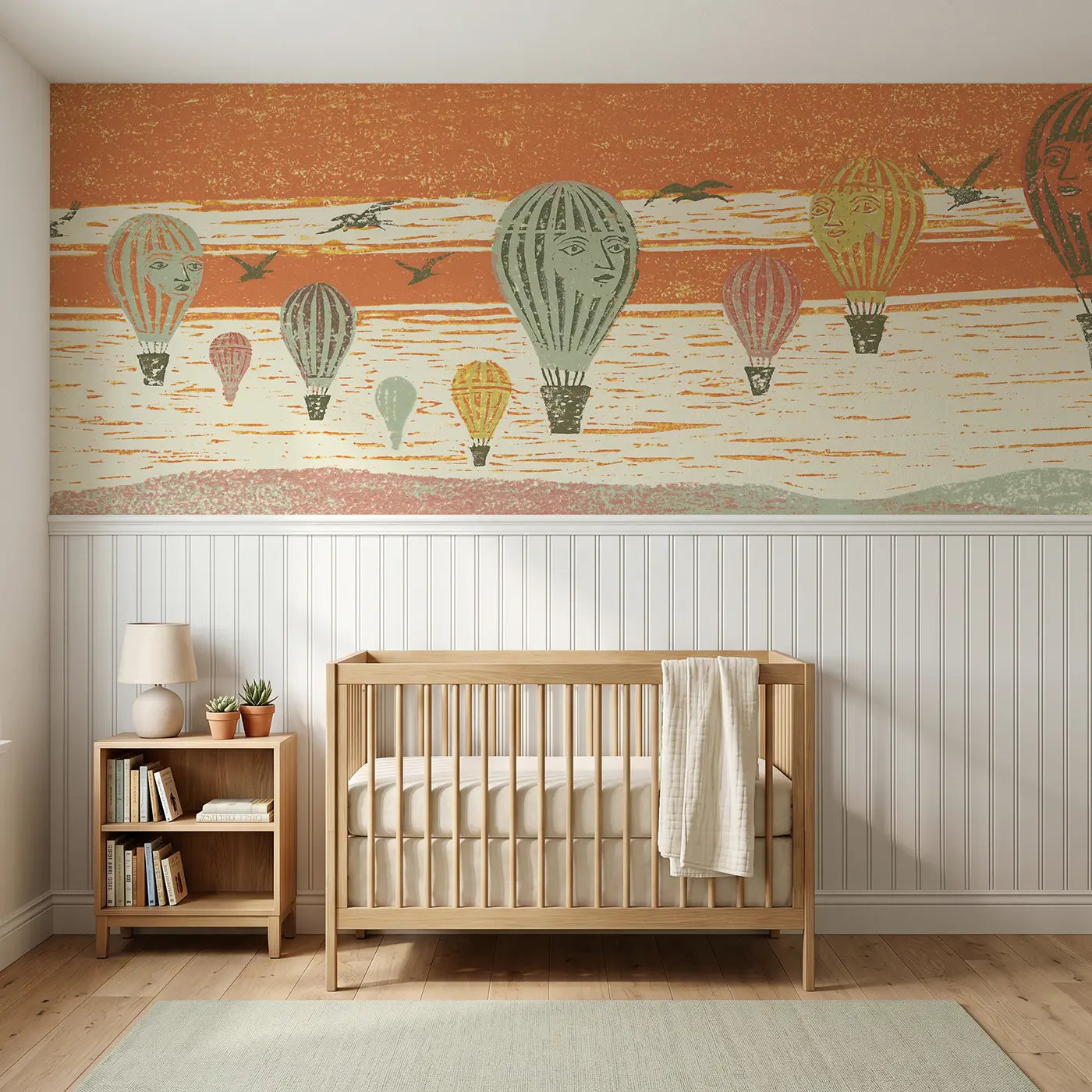 Block Print balloon festival wainscoting wallpaper for nursery by Whimsy Tots