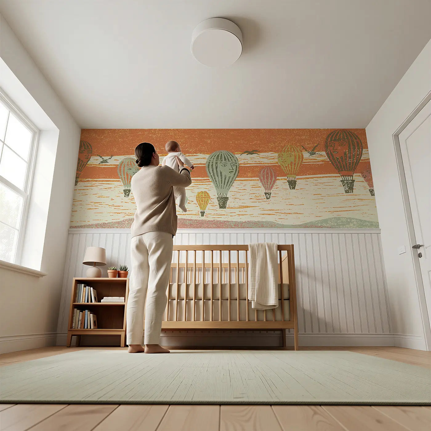 Child reading near Block Print Balloon Festival Wainscoting Wallpaper by Whimsy Tots