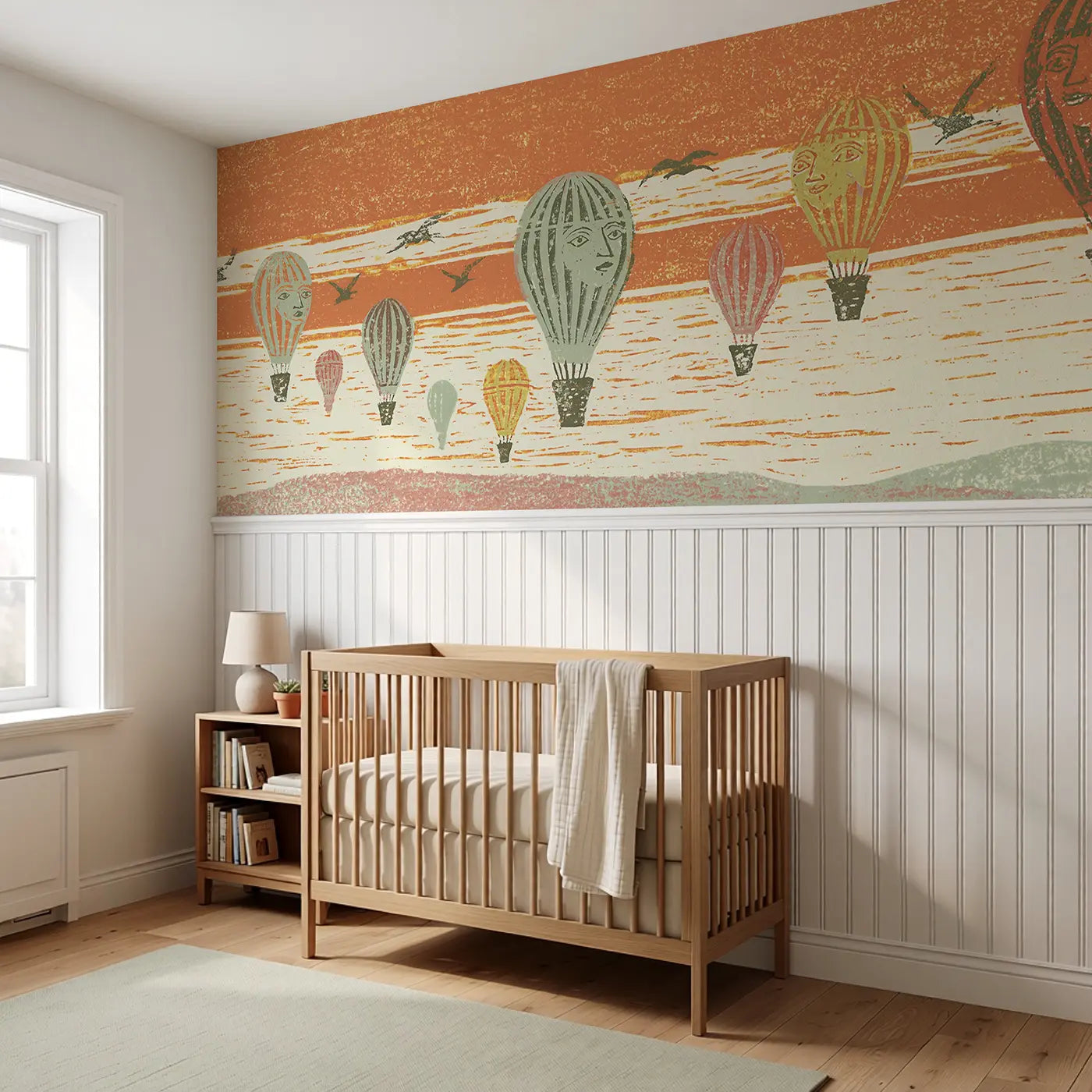 Block Print Balloon Festival Wainscoting Wallpaper styled in a kids bedroom by Whimsy Tots