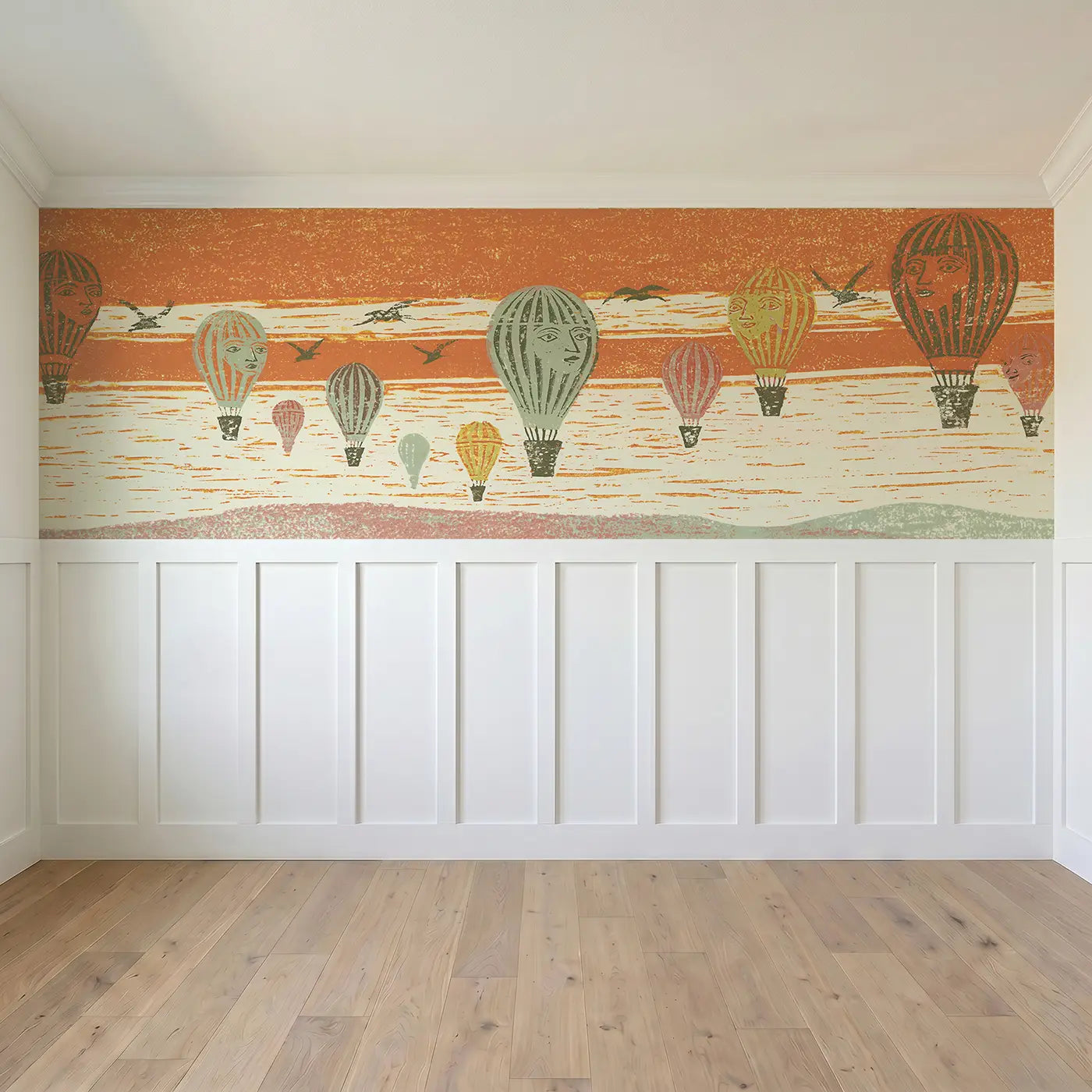 Full panel view of Block Print Balloon Festival Wainscoting Wallpaper by Whimsy Tots