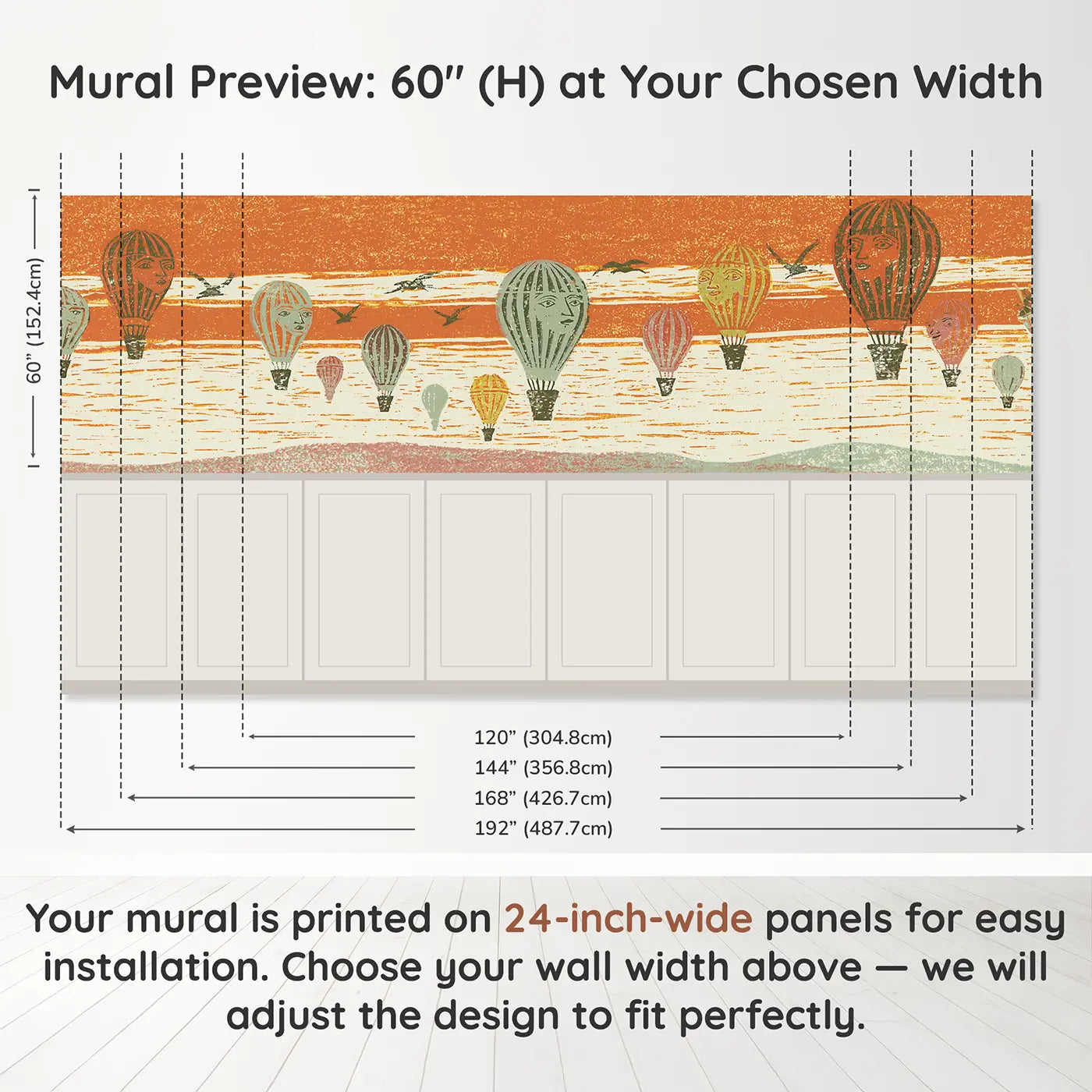 Panel dimensions for Block Print Balloon Festival Wainscoting Wallpaper by Whimsy Tots