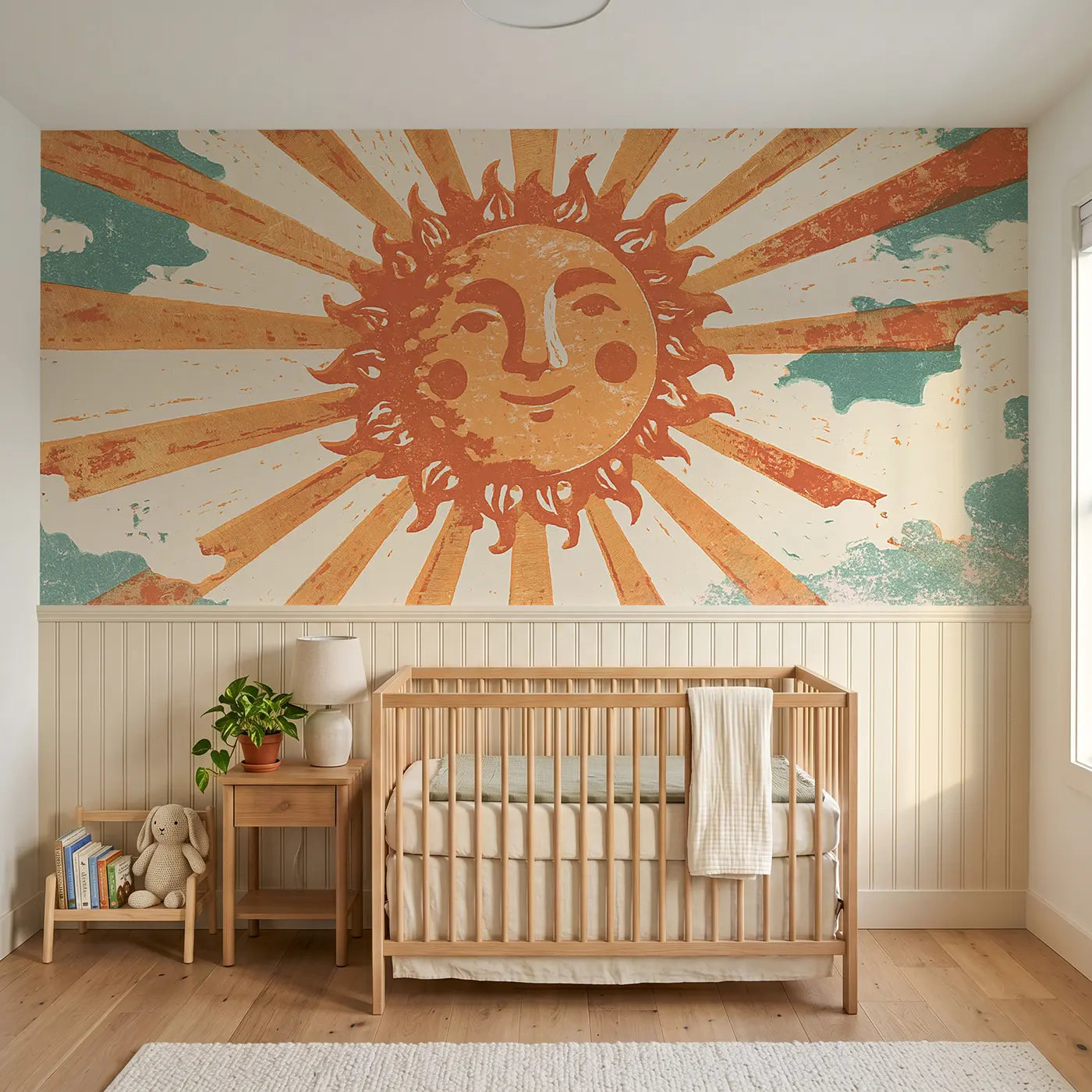 Block Print carved sun ray burst wainscoting wallpaper for nursery by Whimsy Tots