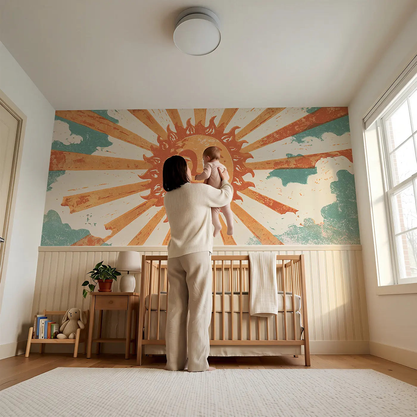 Child reading near Carved Sun Ray Burst Wainscoting Wallpaper by Whimsy Tots