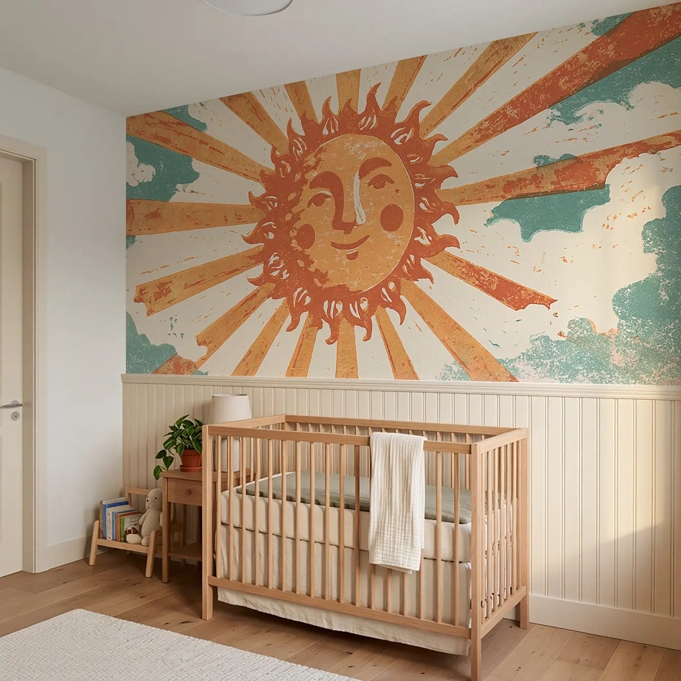 Carved Sun Ray Burst Wainscoting Wallpaper styled in a kids bedroom by Whimsy Tots