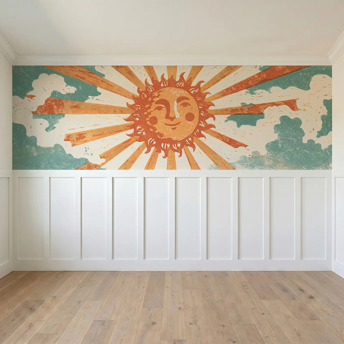 Full panel view of Carved Sun Ray Burst Wainscoting Wallpaper by Whimsy Tots