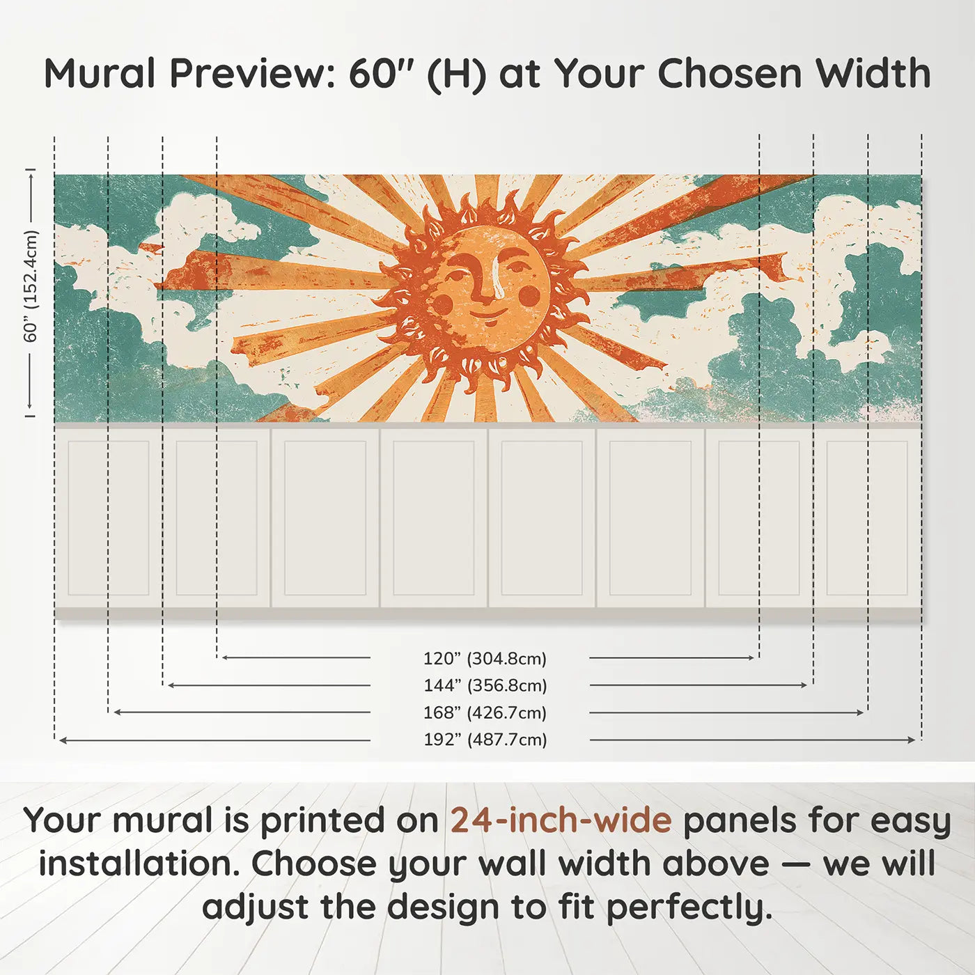 Panel dimensions for Carved Sun Ray Burst Wainscoting Wallpaper by Whimsy Tots