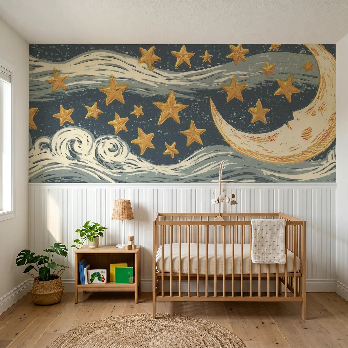 Block Print linocut moon star night wainscoting wallpaper for nursery by Whimsy Tots