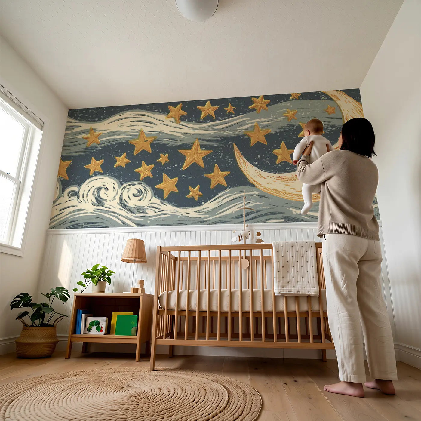 Child reading near Linocut Moon Star Night Wainscoting Wallpaper by Whimsy Tots