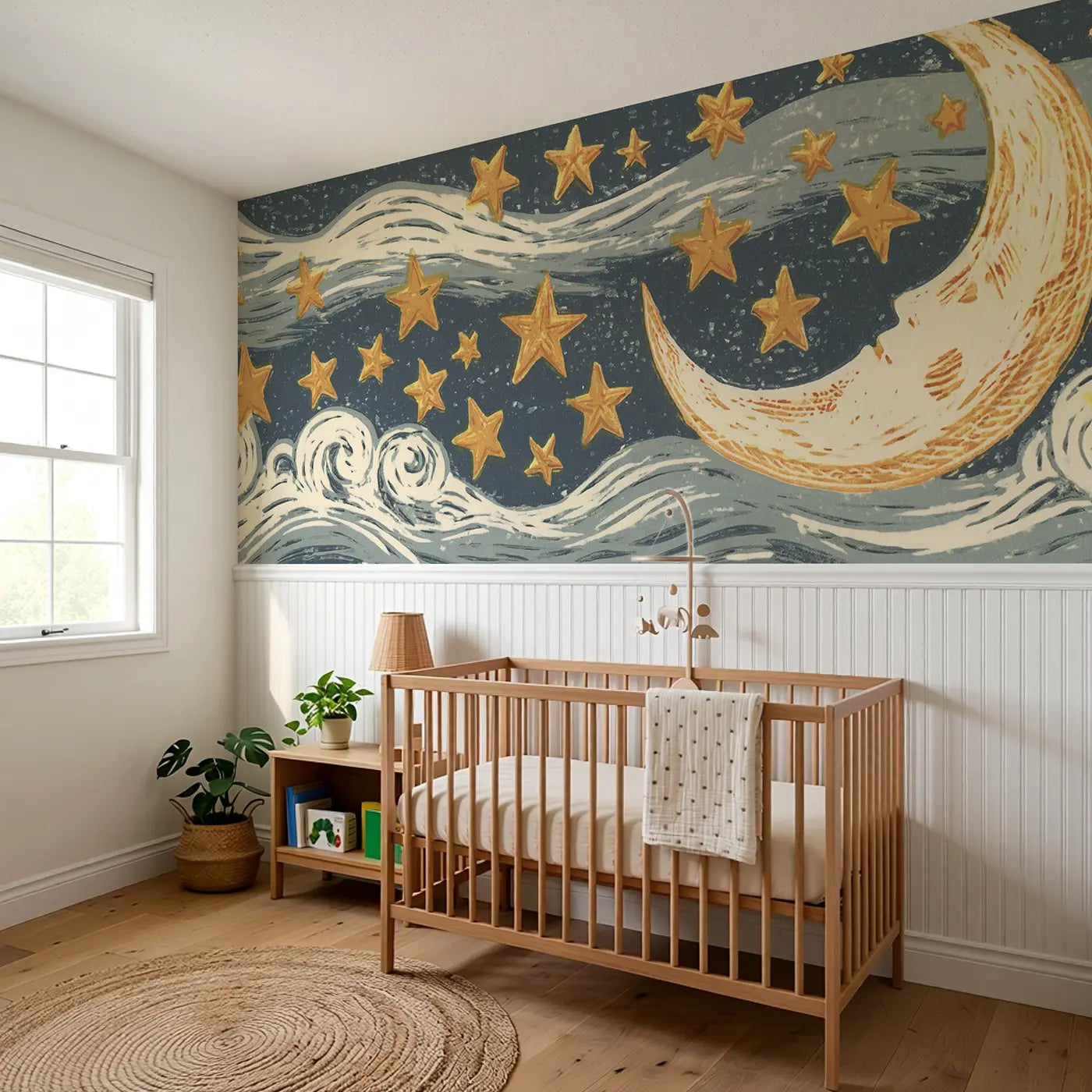 Linocut Moon Star Night Wainscoting Wallpaper styled in a kids bedroom by Whimsy Tots