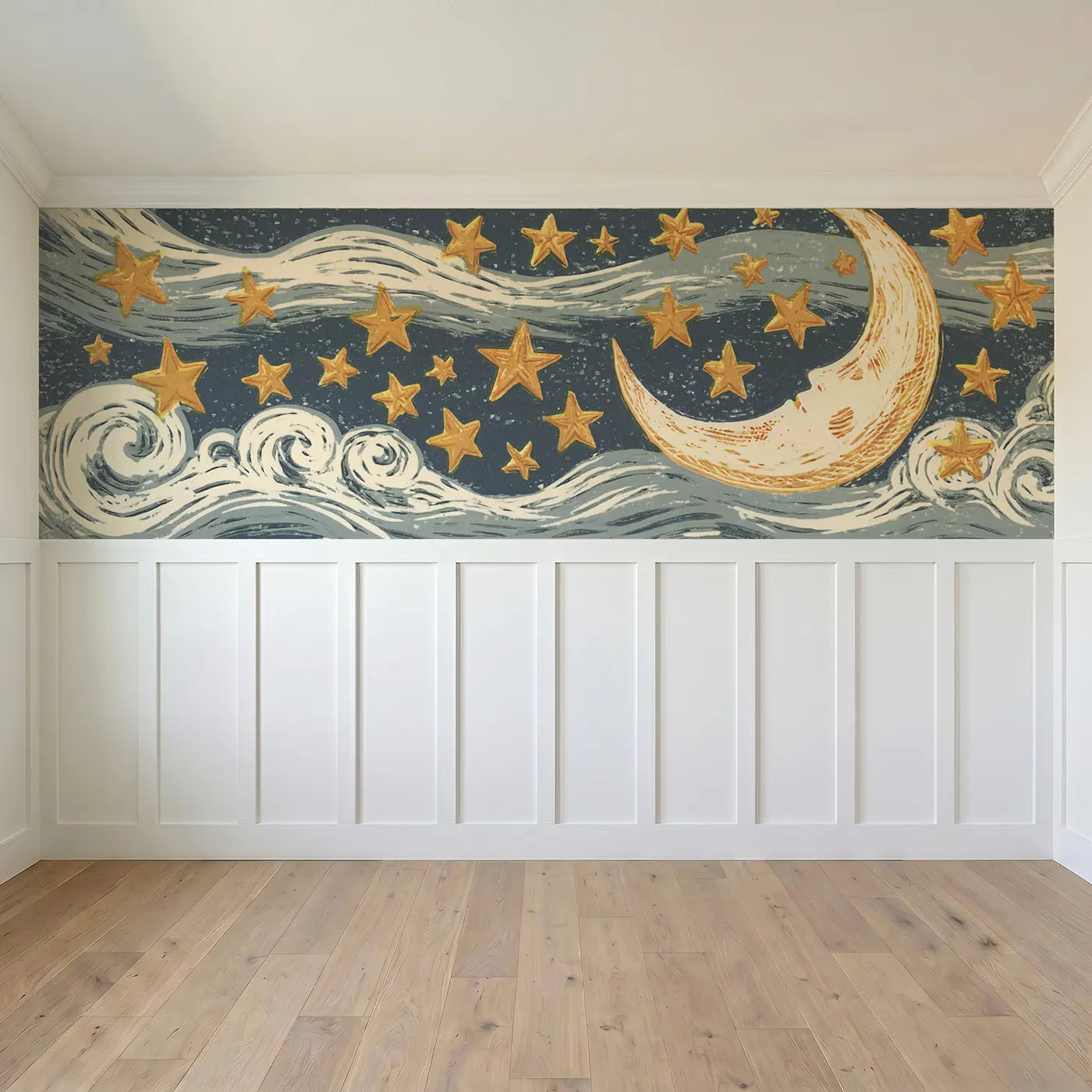 Full panel view of Linocut Moon Star Night Wainscoting Wallpaper by Whimsy Tots