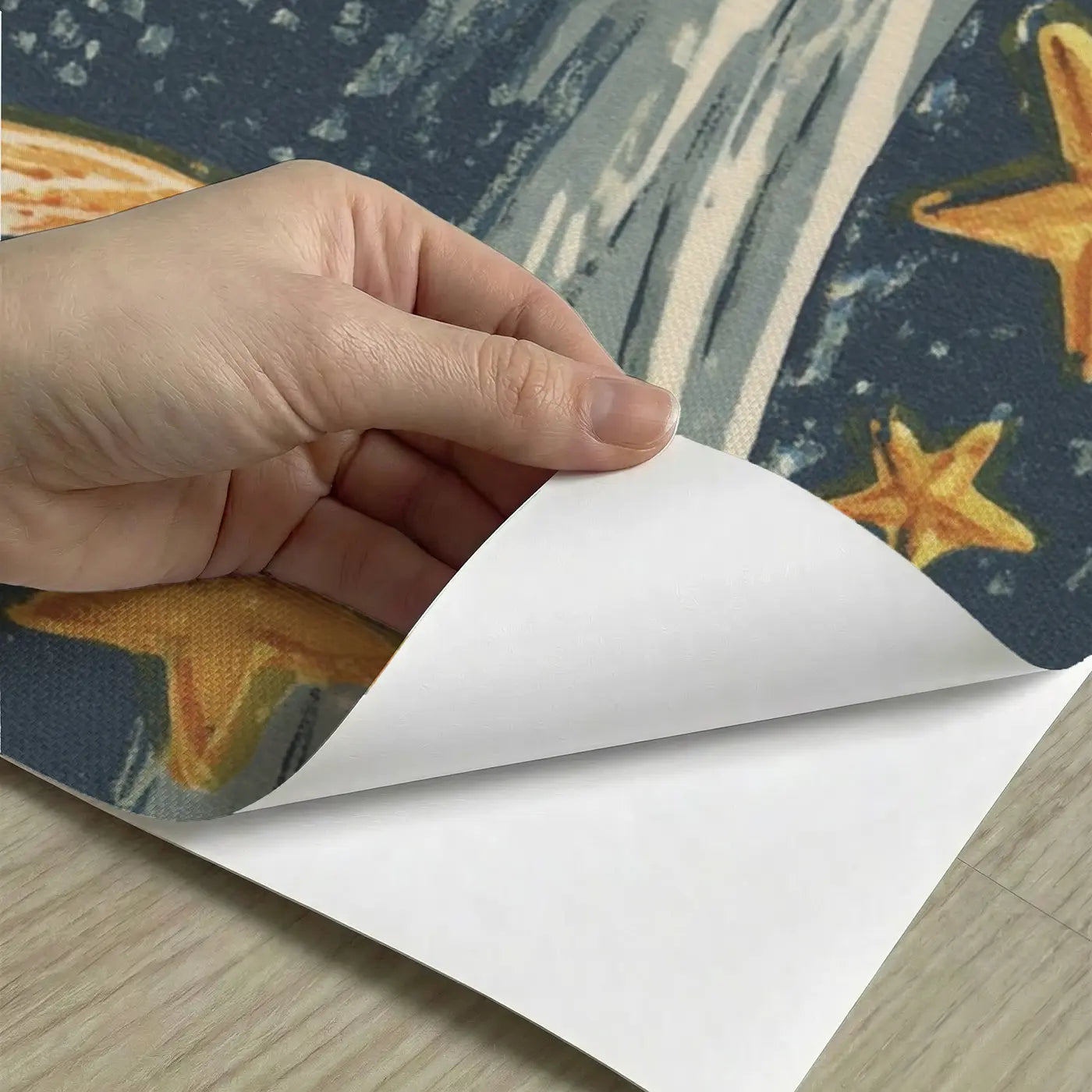 Peel-and-stick detail of Linocut Moon Star Night Wainscoting Wallpaper by Whimsy Tots