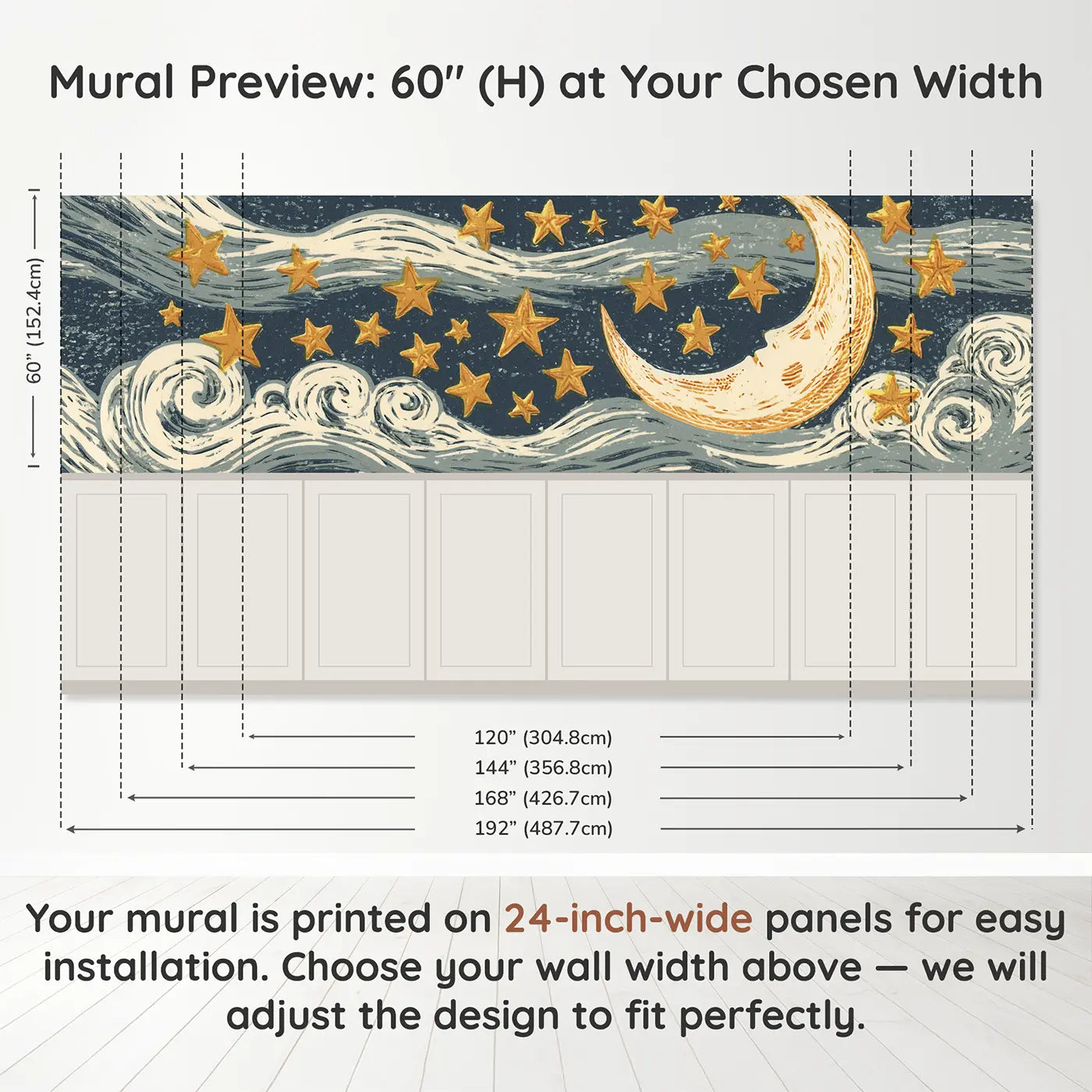 Panel dimensions for Linocut Moon Star Night Wainscoting Wallpaper by Whimsy Tots