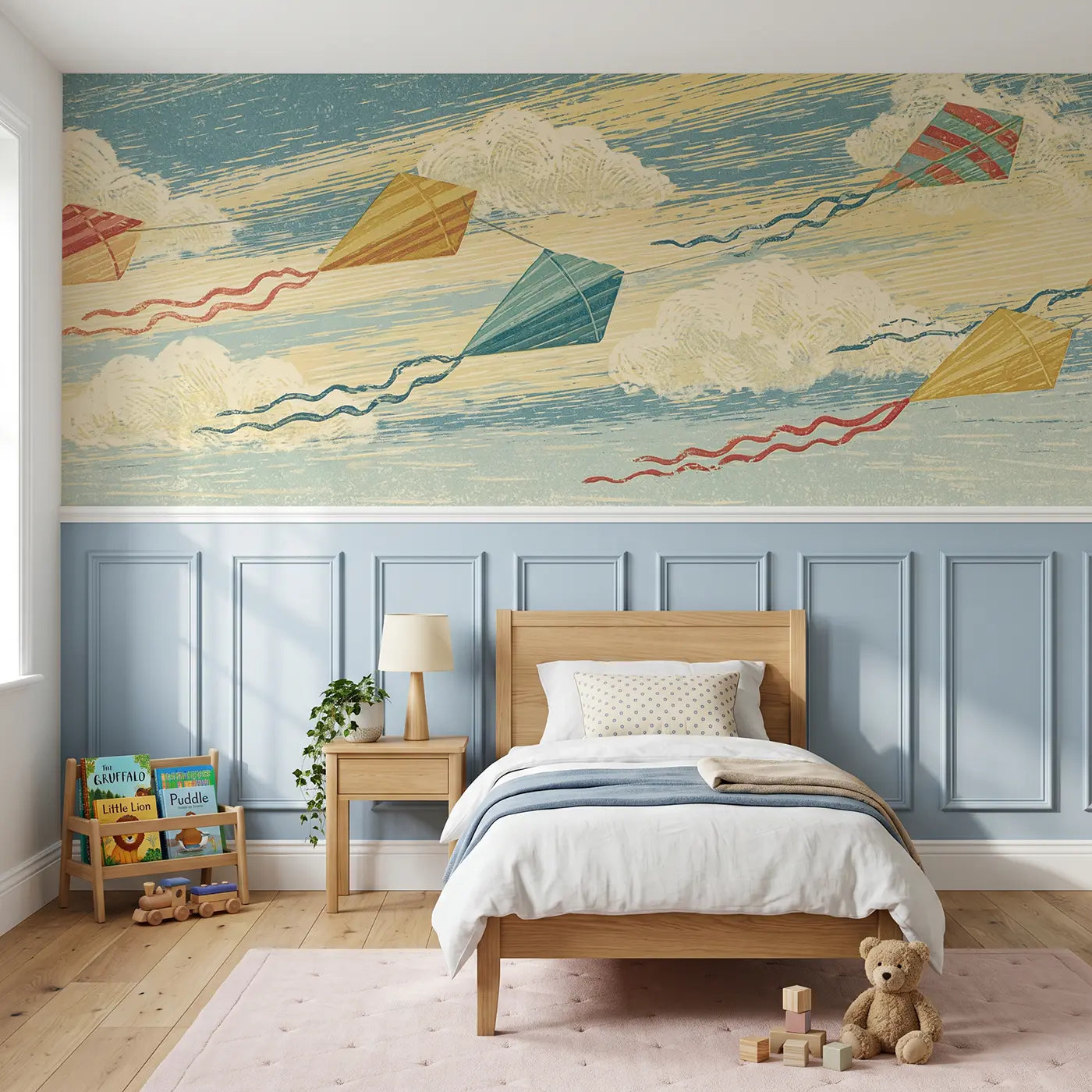 Block Print carved wind kite flight wainscoting wallpaper for bedroom by Whimsy Tots