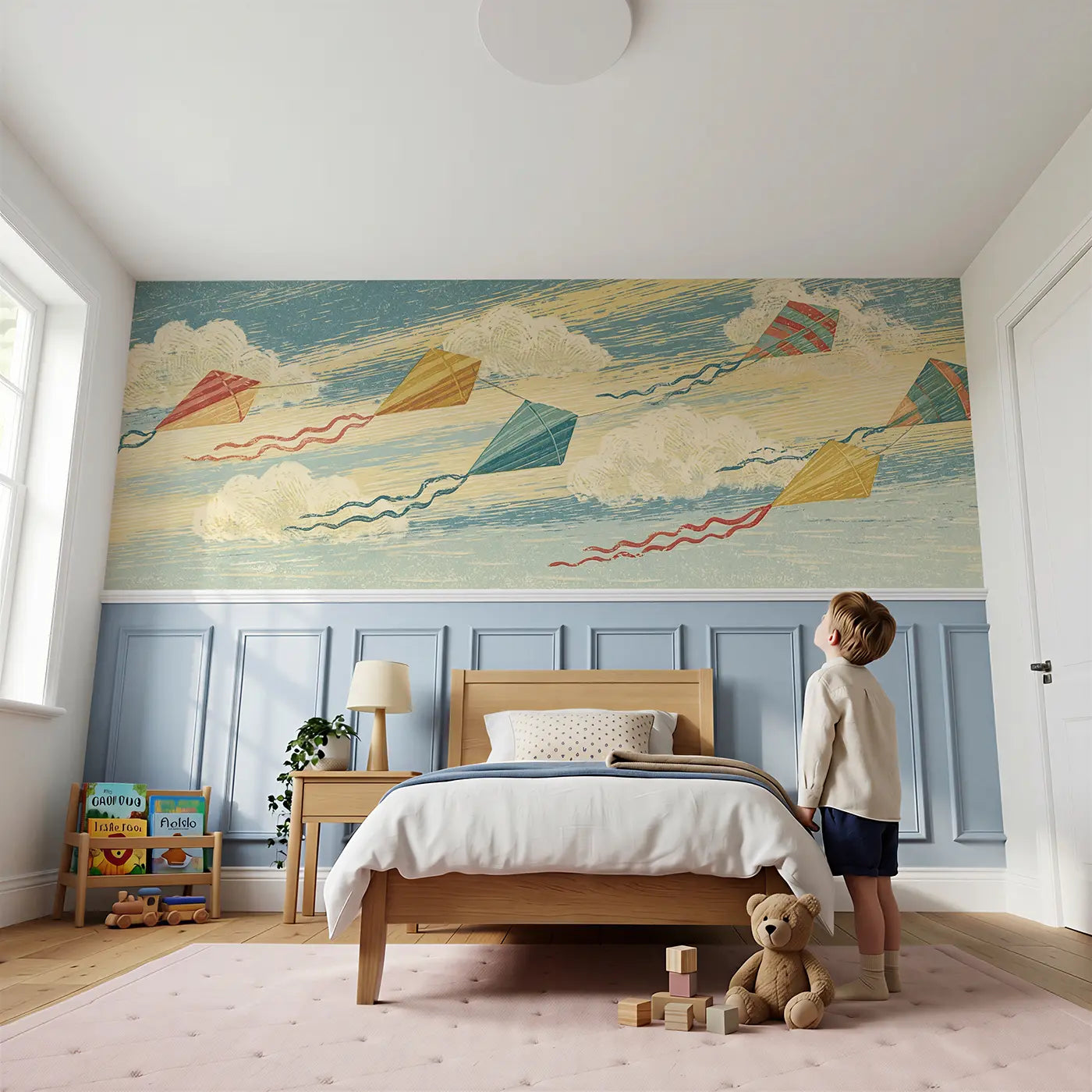 Child reading near Carved Wind Kite Flight Wainscoting Wallpaper by Whimsy Tots