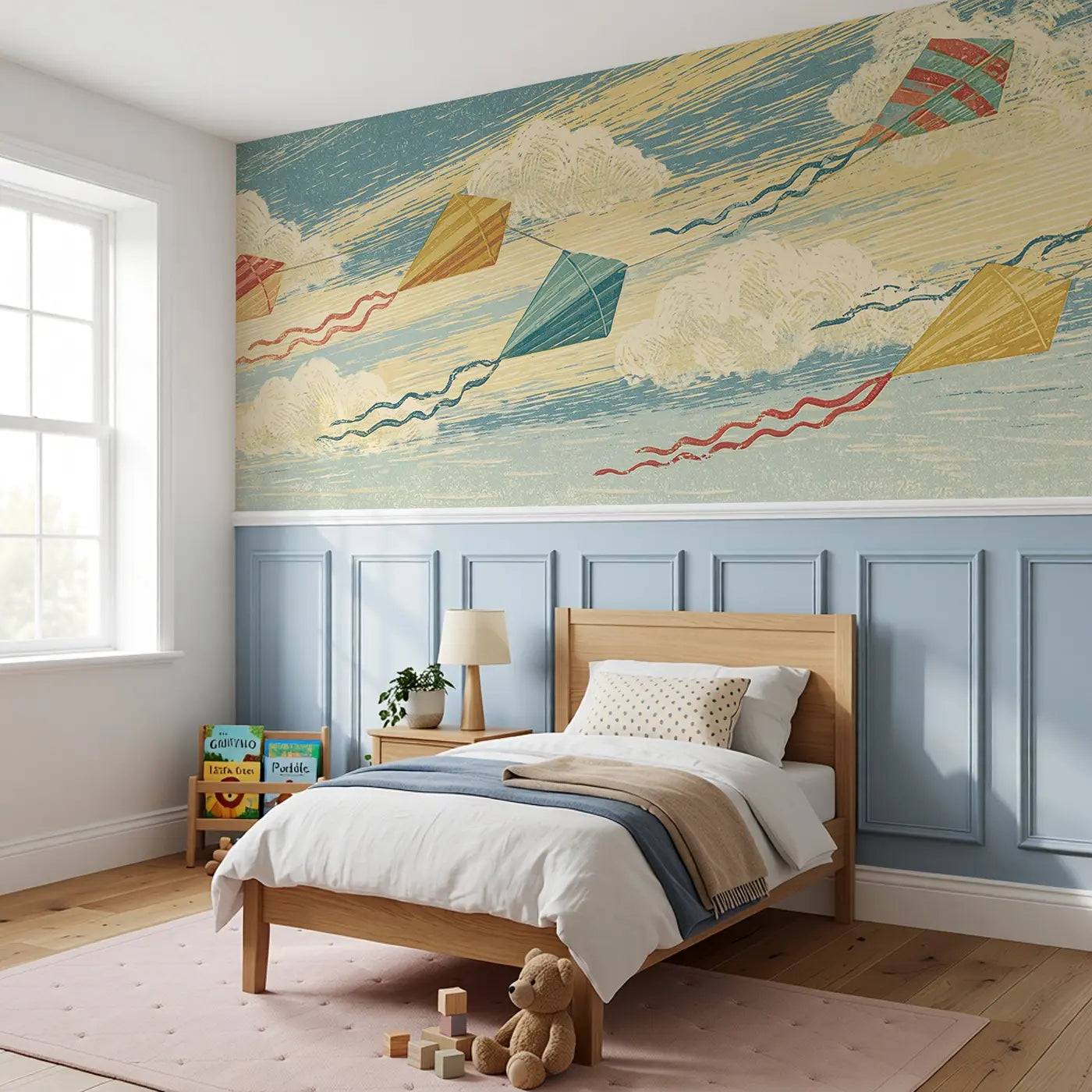 Carved Wind Kite Flight Wainscoting Wallpaper styled in a kids bedroom by Whimsy Tots