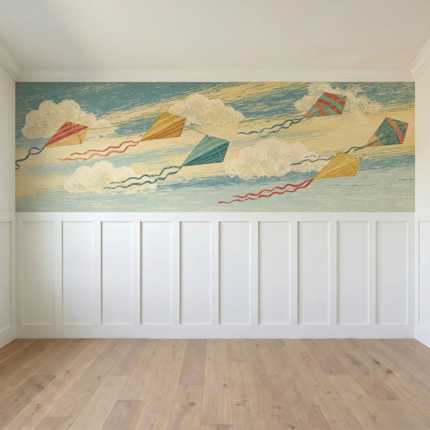 Full panel view of Carved Wind Kite Flight Wainscoting Wallpaper by Whimsy Tots