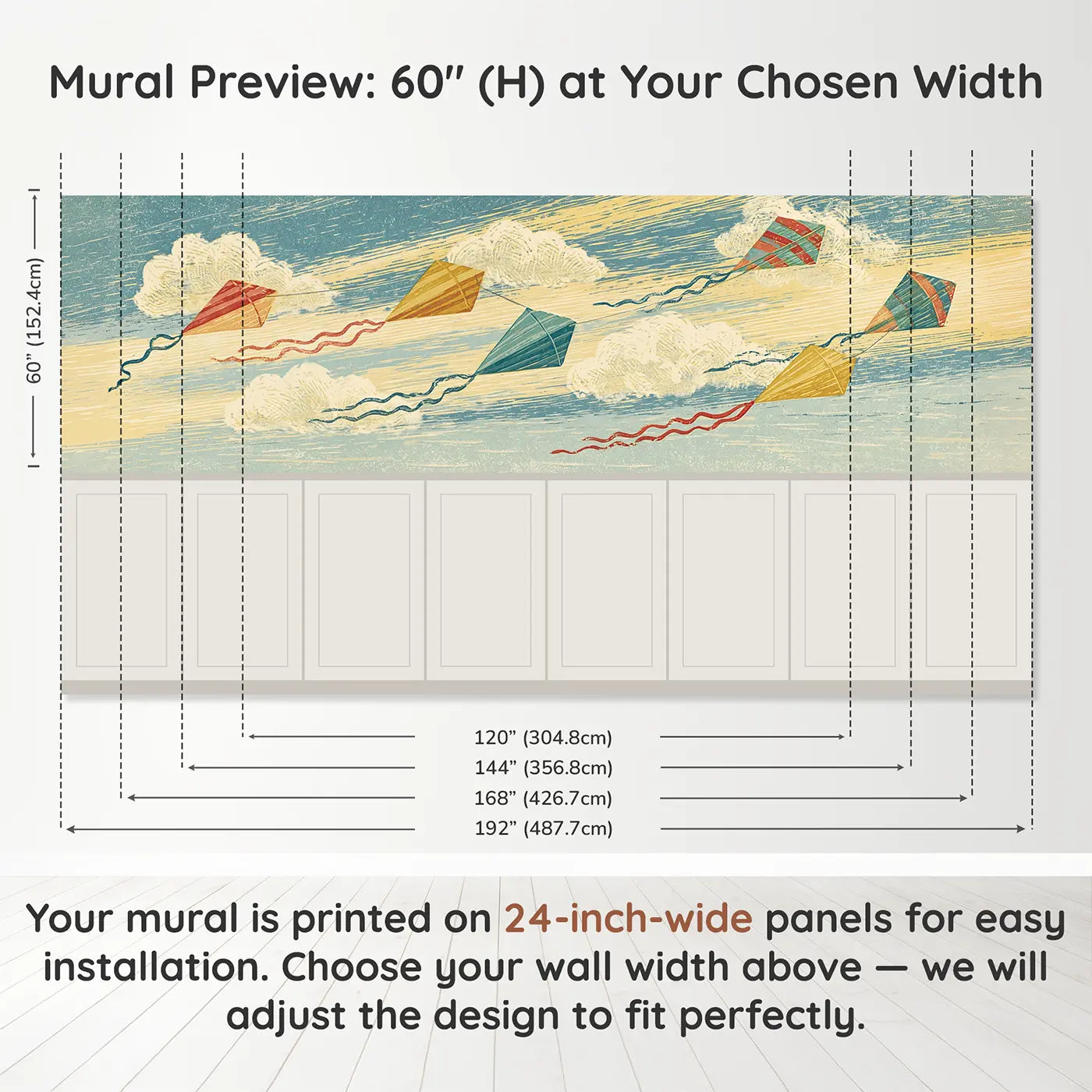 Panel dimensions for Carved Wind Kite Flight Wainscoting Wallpaper by Whimsy Tots