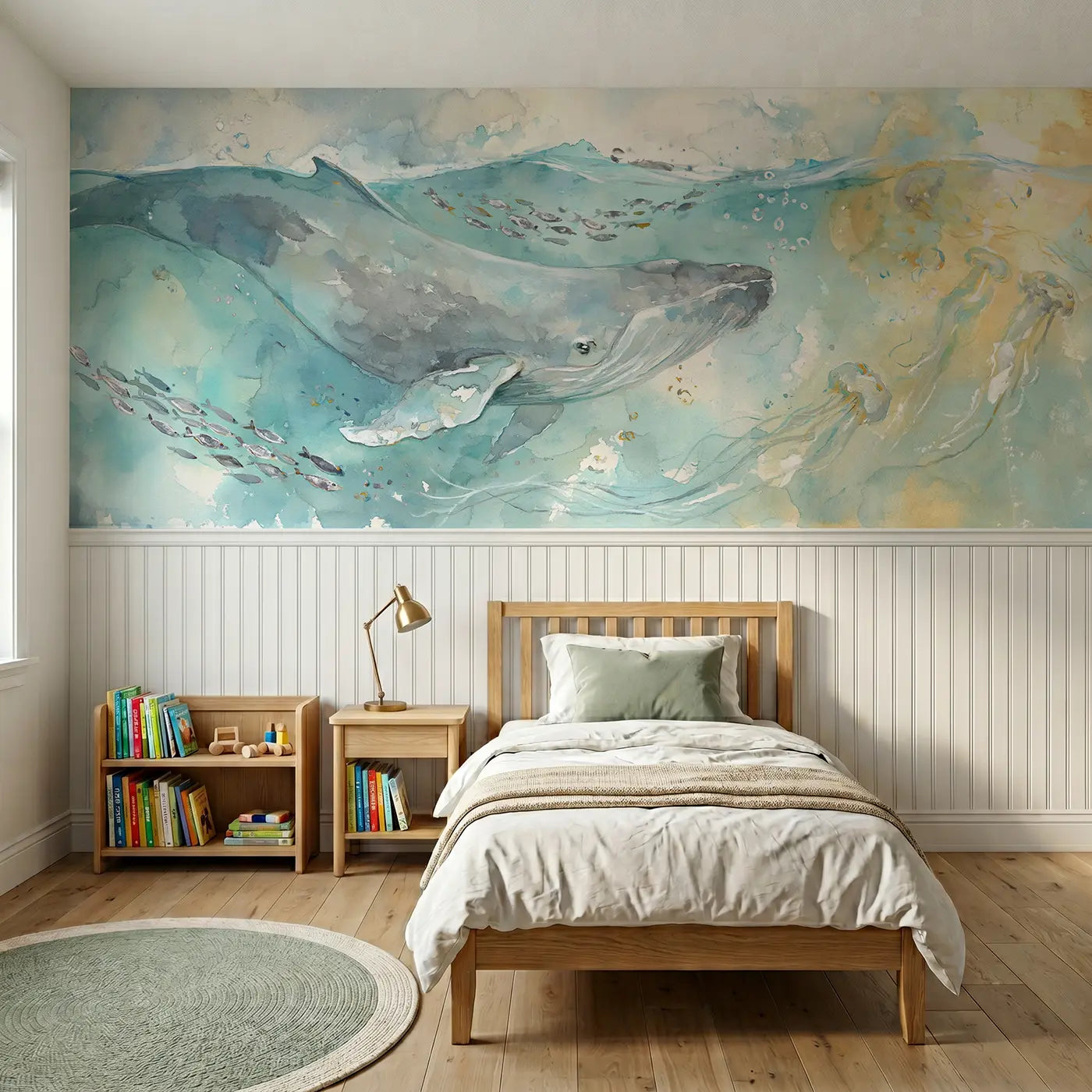 Watercolor gentle whale ocean drift wainscoting wallpaper for nursery by Whimsy Tots