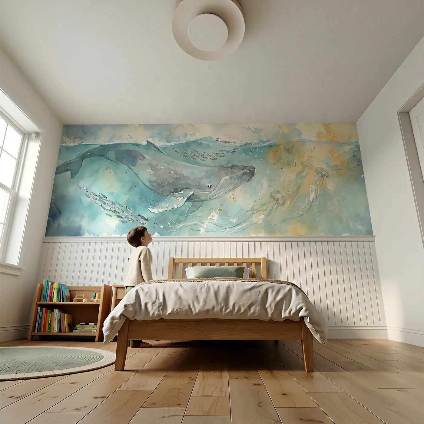 Child reading near Gentle Whale Ocean Drift Wainscoting Wallpaper by Whimsy Tots