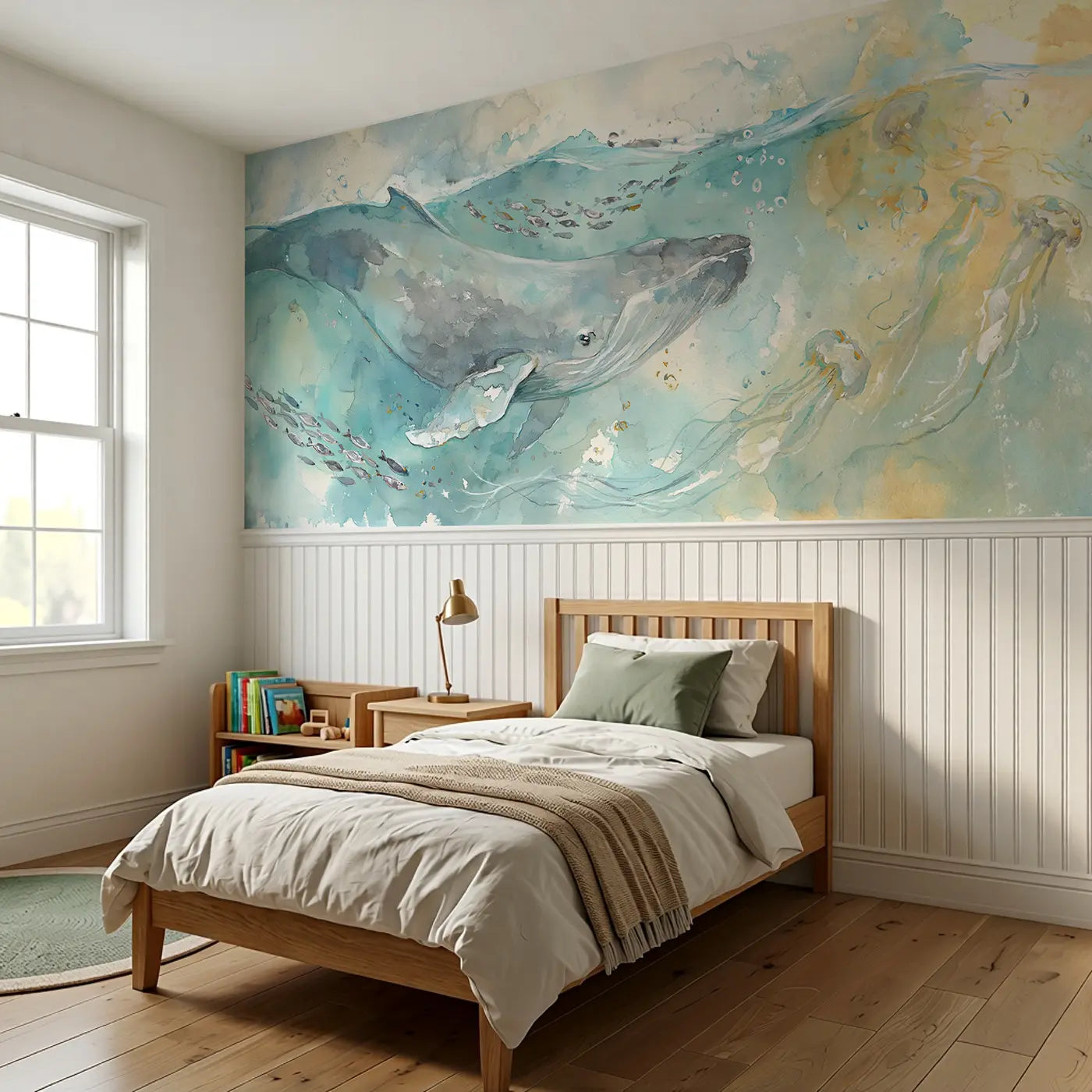 Gentle Whale Ocean Drift Wainscoting Wallpaper styled in a kids bedroom by Whimsy Tots