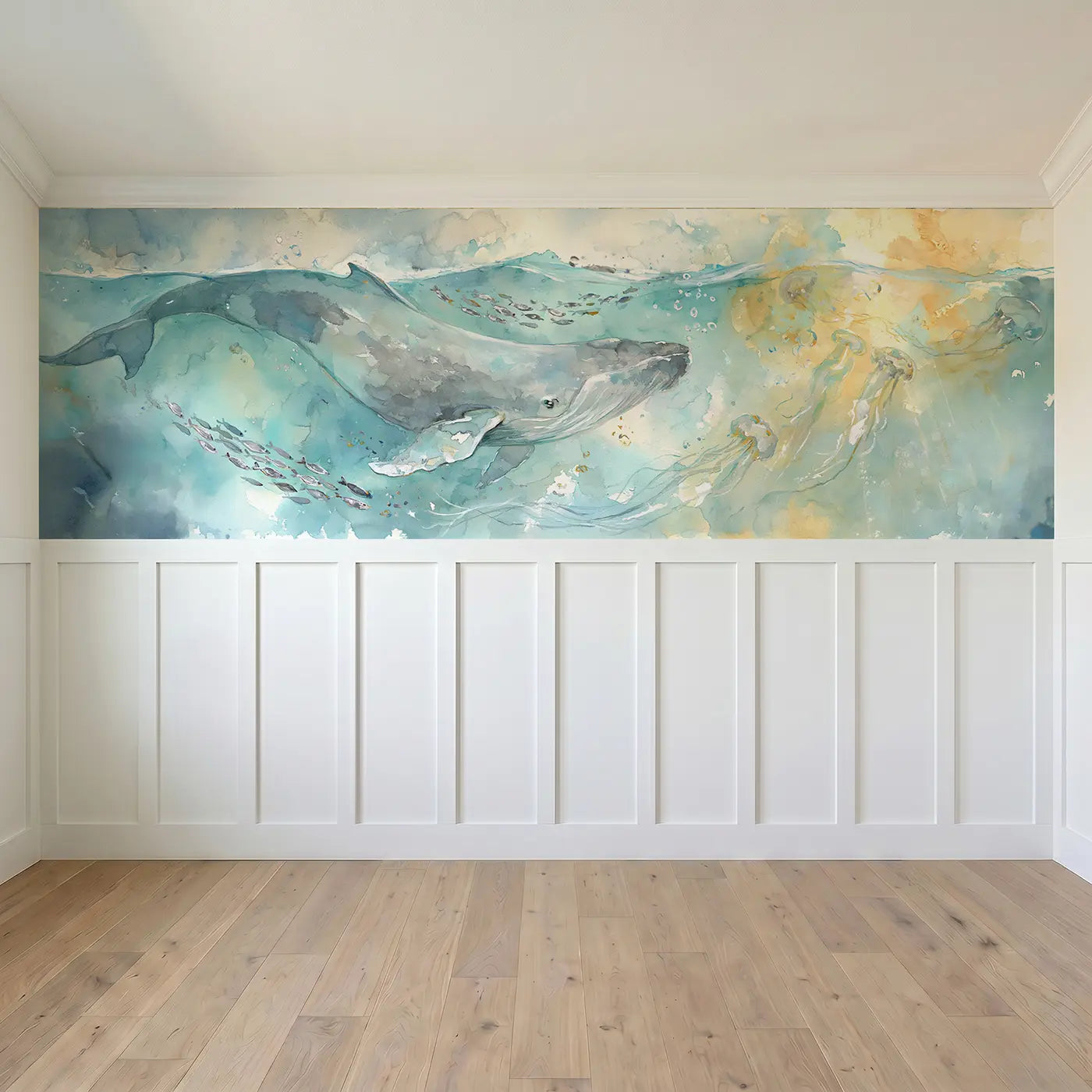 Full panel view of Gentle Whale Ocean Drift Wainscoting Wallpaper by Whimsy Tots