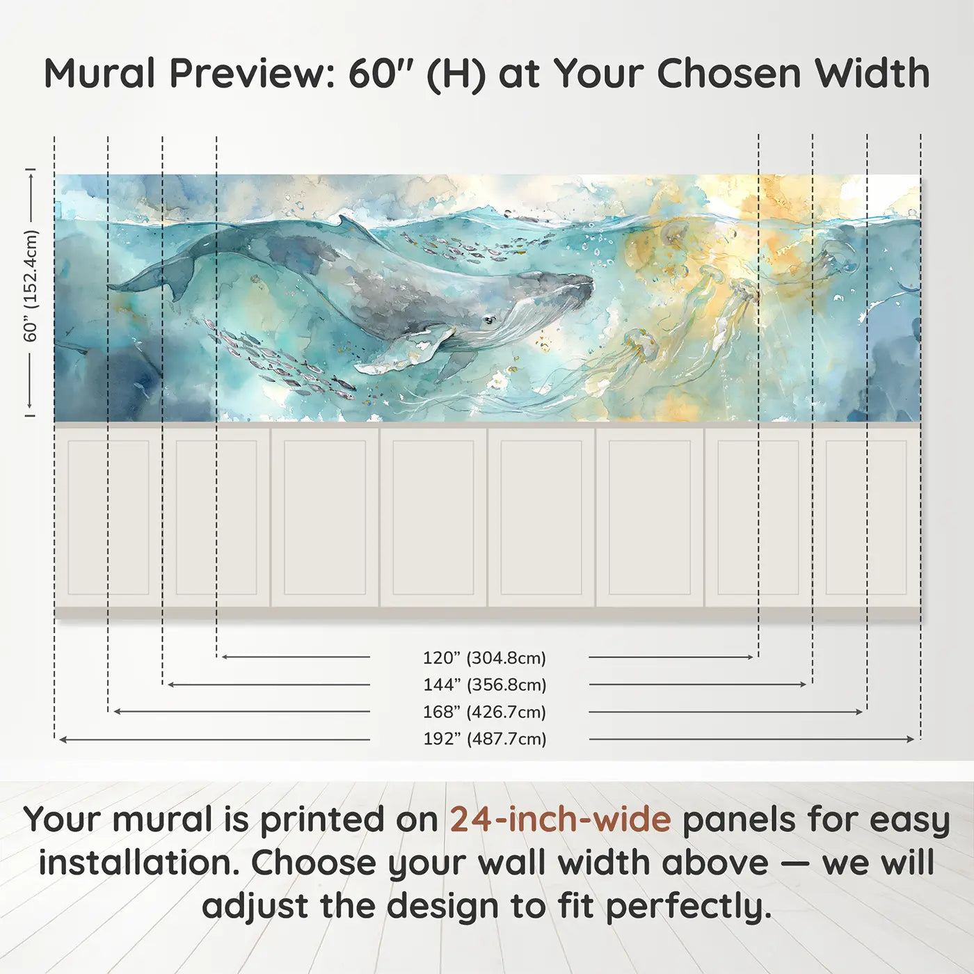Panel dimensions for Gentle Whale Ocean Drift Wainscoting Wallpaper by Whimsy Tots