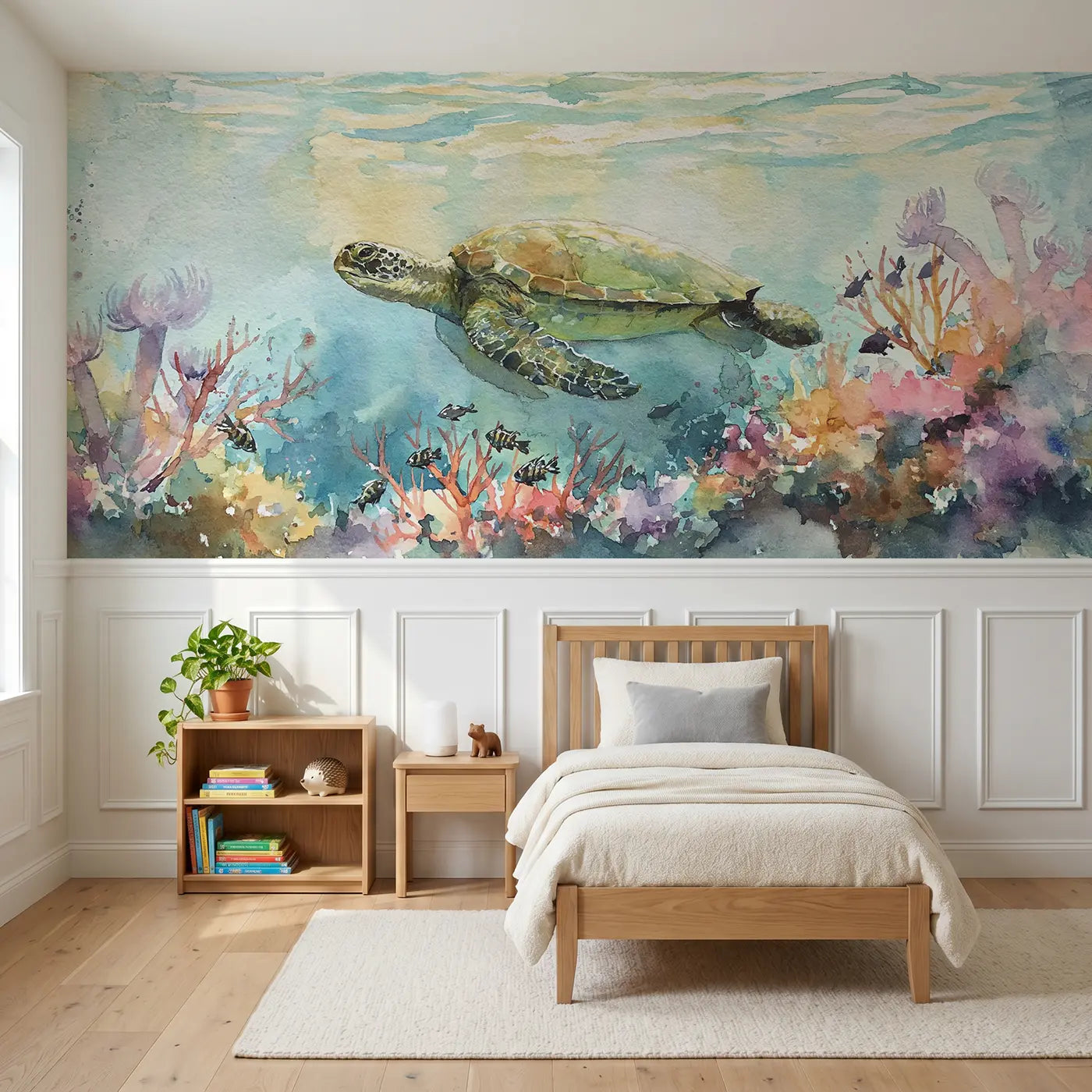 Watercolor sea turtle coral garden wainscoting wallpaper for nursery by Whimsy Tots