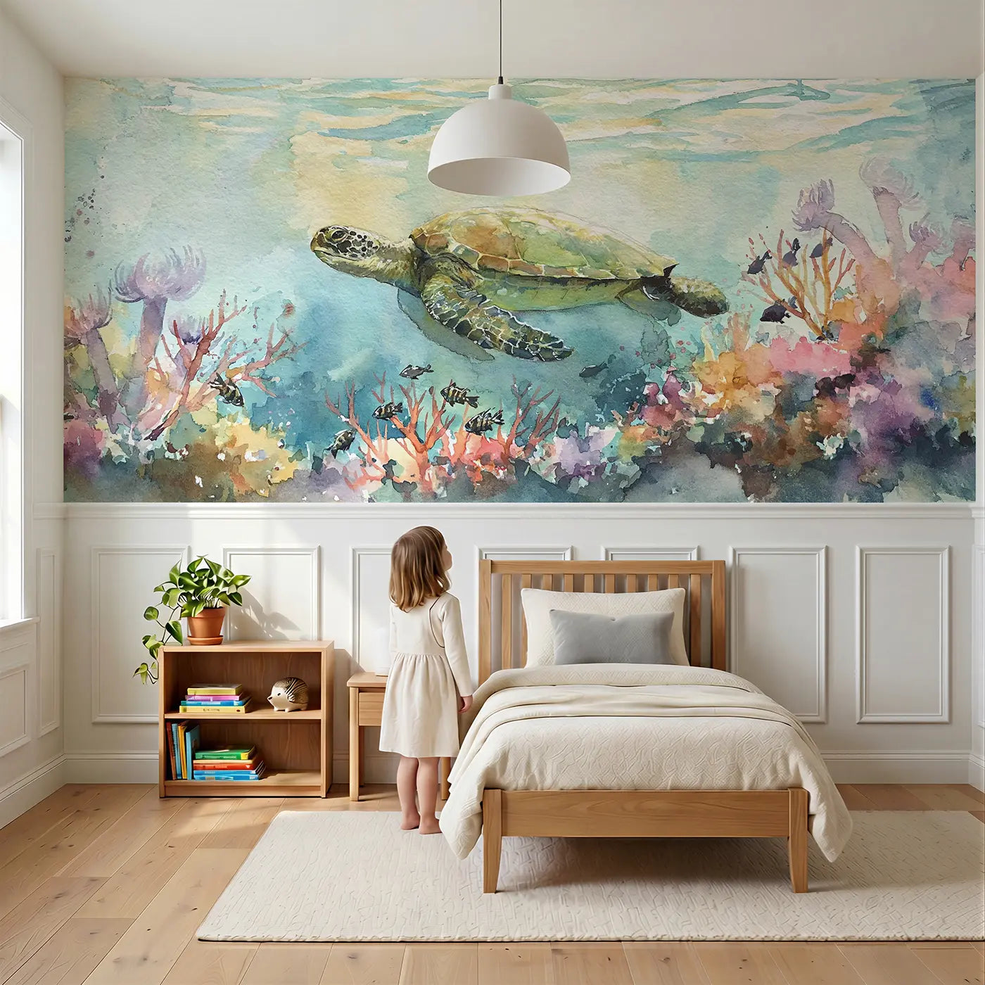 Child reading near Sea Turtle Coral Garden Wainscoting Wallpaper by Whimsy Tots