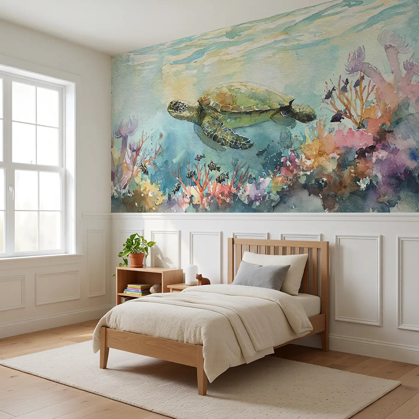 Sea Turtle Coral Garden Wainscoting Wallpaper styled in a kids bedroom by Whimsy Tots