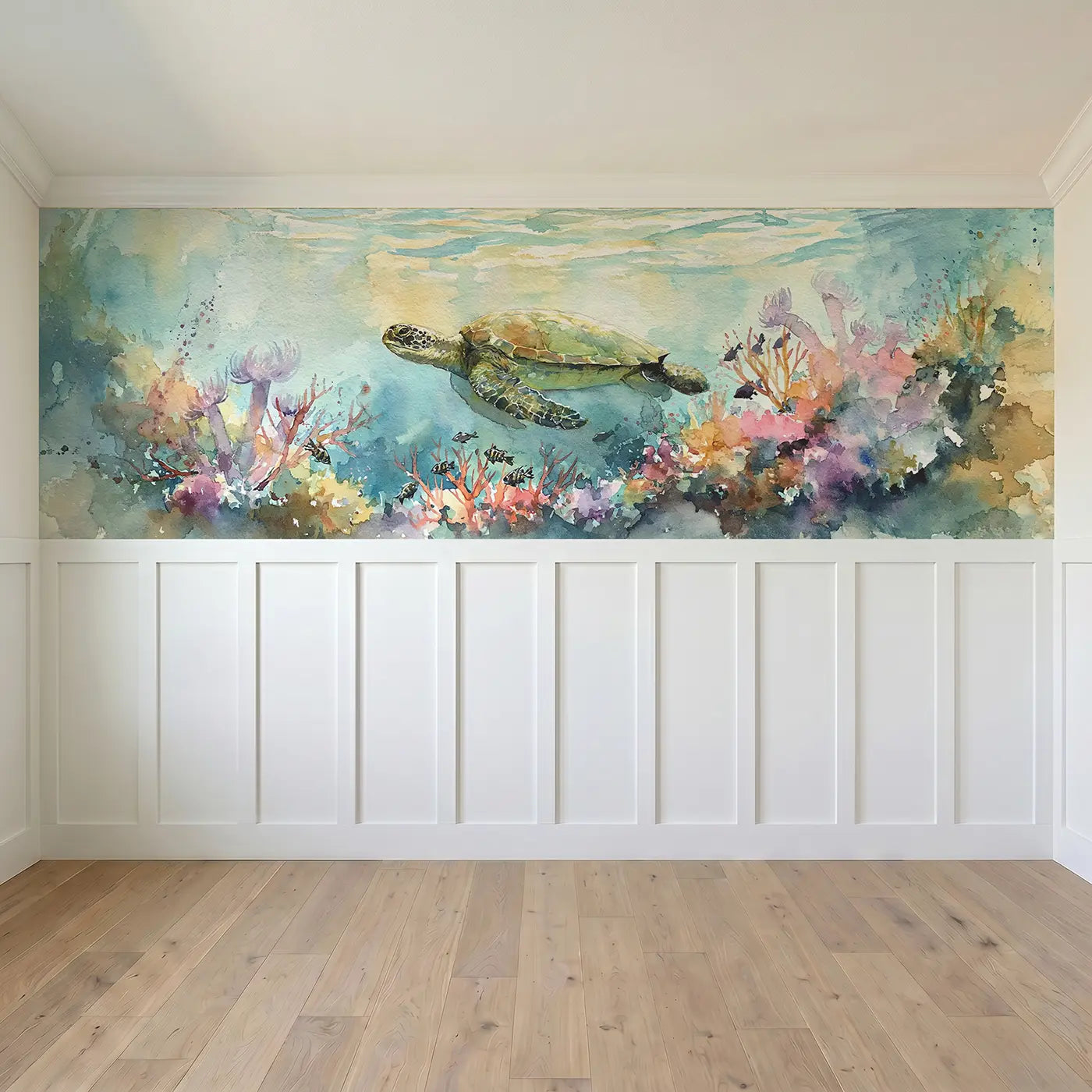 Full panel view of Sea Turtle Coral Garden Wainscoting Wallpaper by Whimsy Tots
