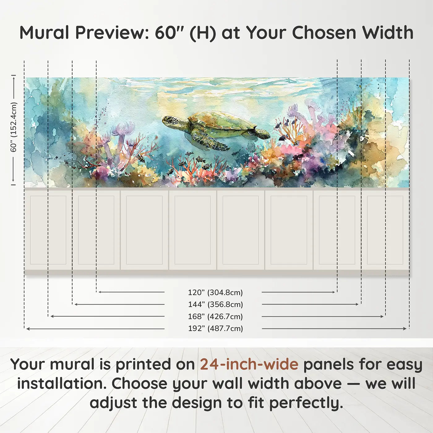 Panel dimensions for Sea Turtle Coral Garden Wainscoting Wallpaper by Whimsy Tots