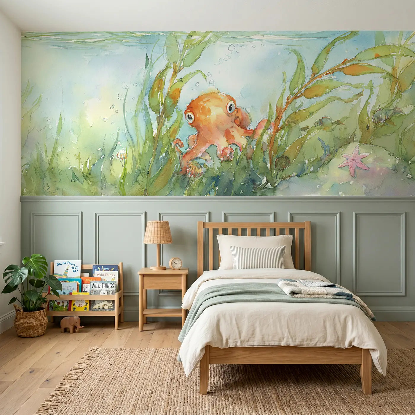 Watercolor octopus kelp forest swim wainscoting wallpaper for nursery by Whimsy Tots