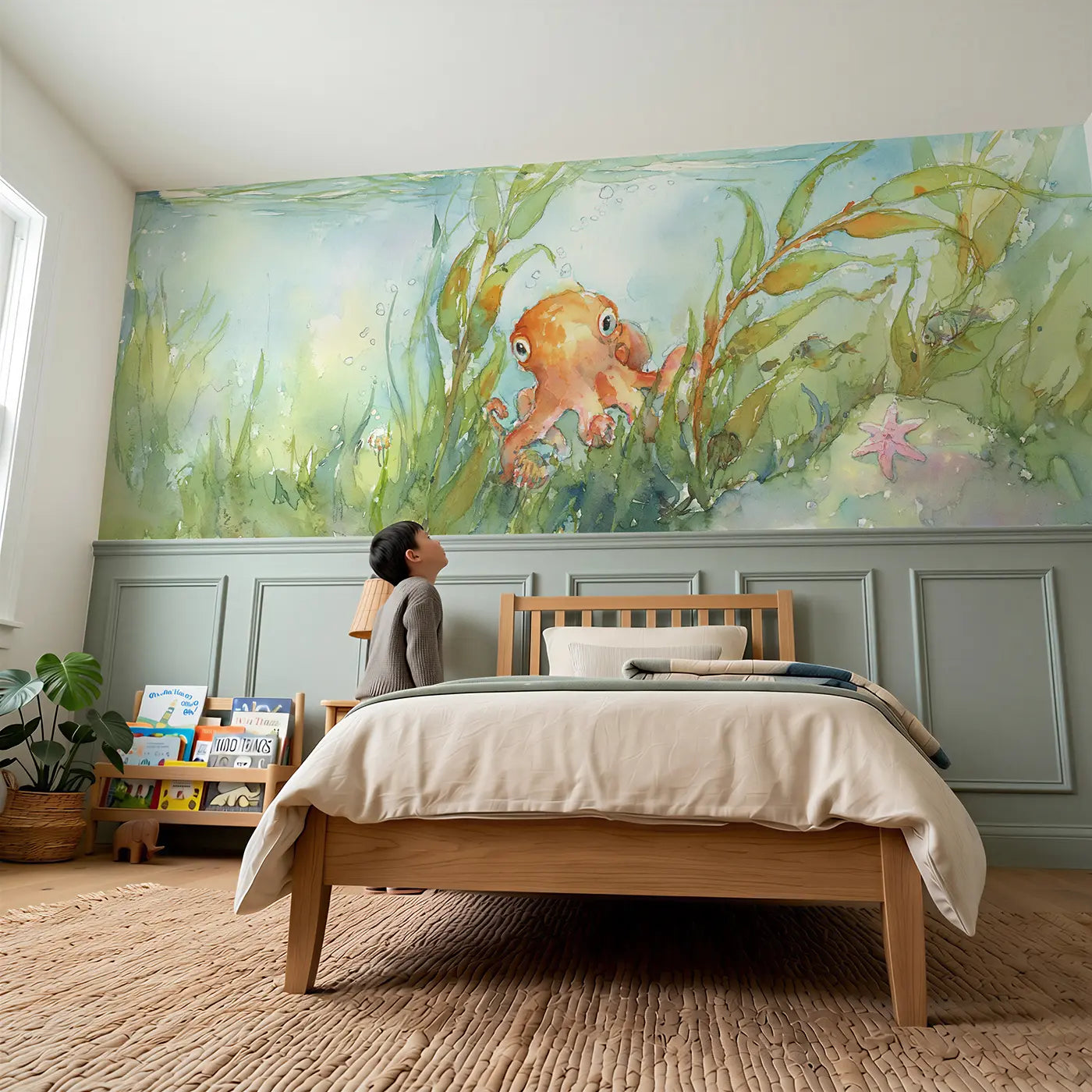 Child reading near Octopus Kelp Forest Swim Wainscoting Wallpaper by Whimsy Tots