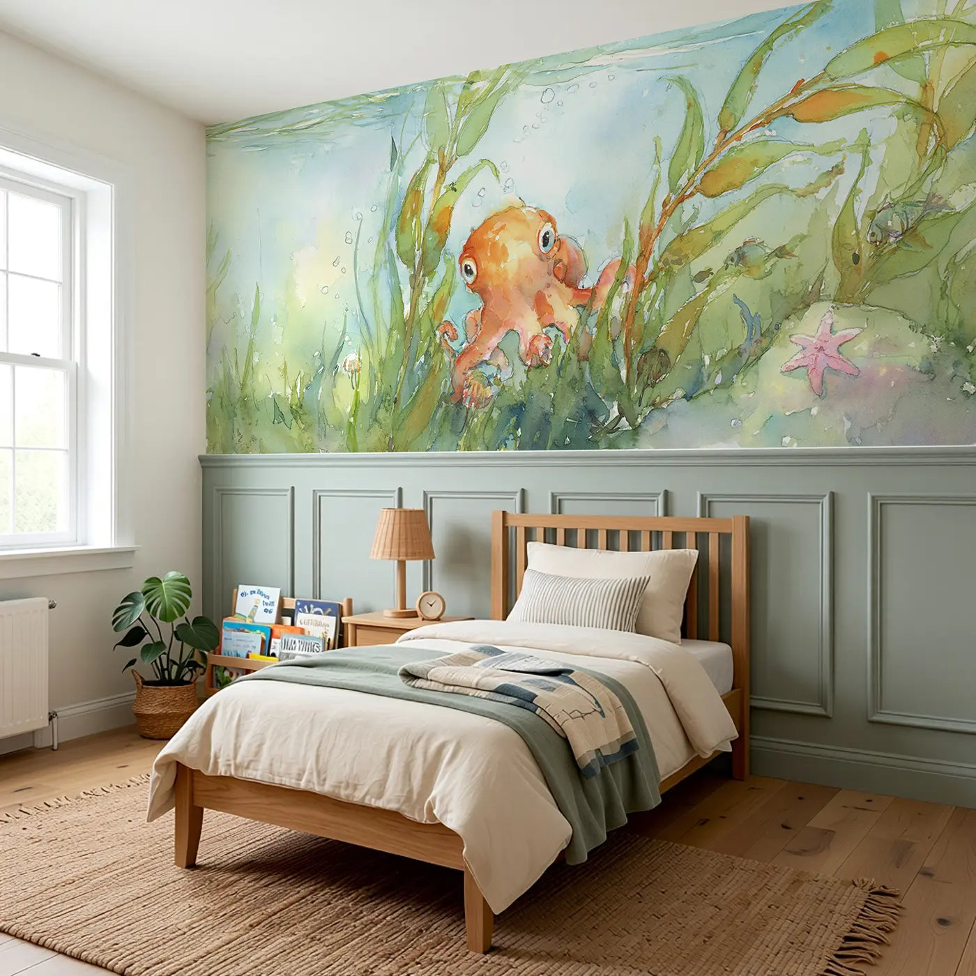 Octopus Kelp Forest Swim Wainscoting Wallpaper styled in a kids bedroom by Whimsy Tots