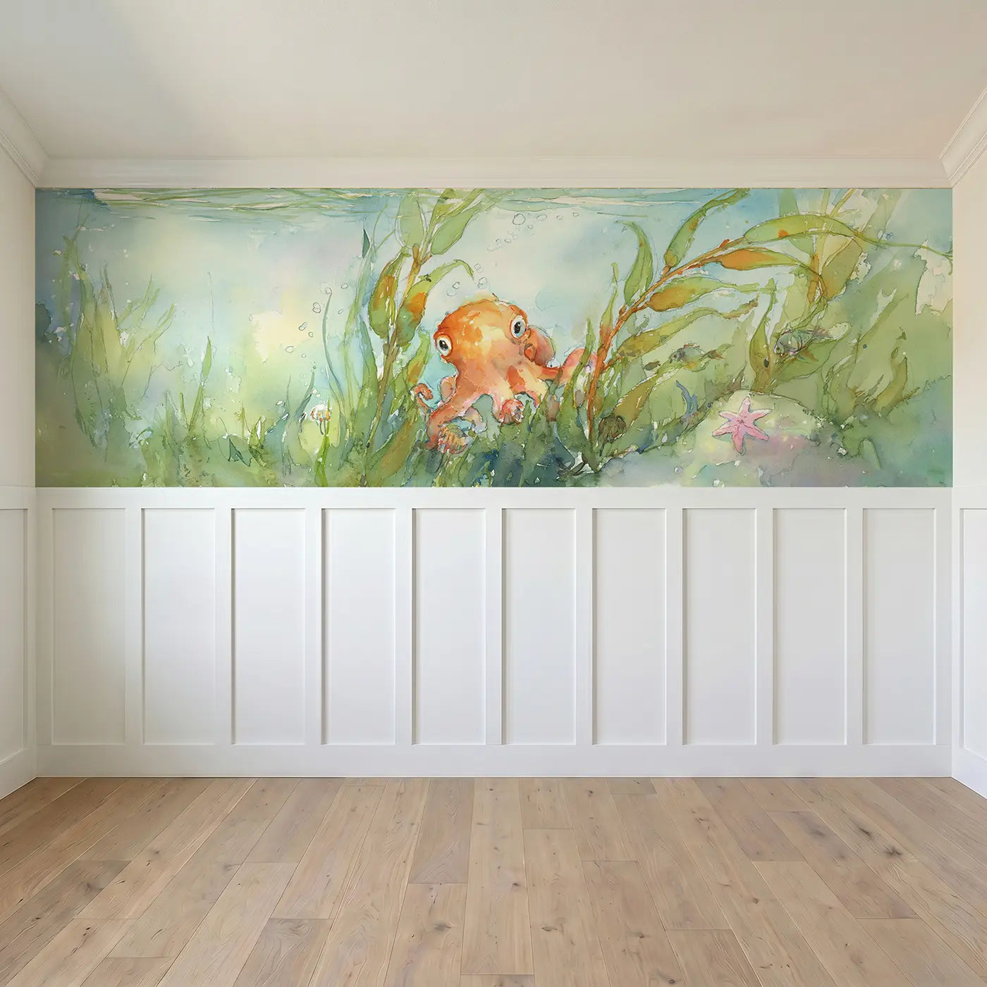 Full panel view of Octopus Kelp Forest Swim Wainscoting Wallpaper by Whimsy Tots