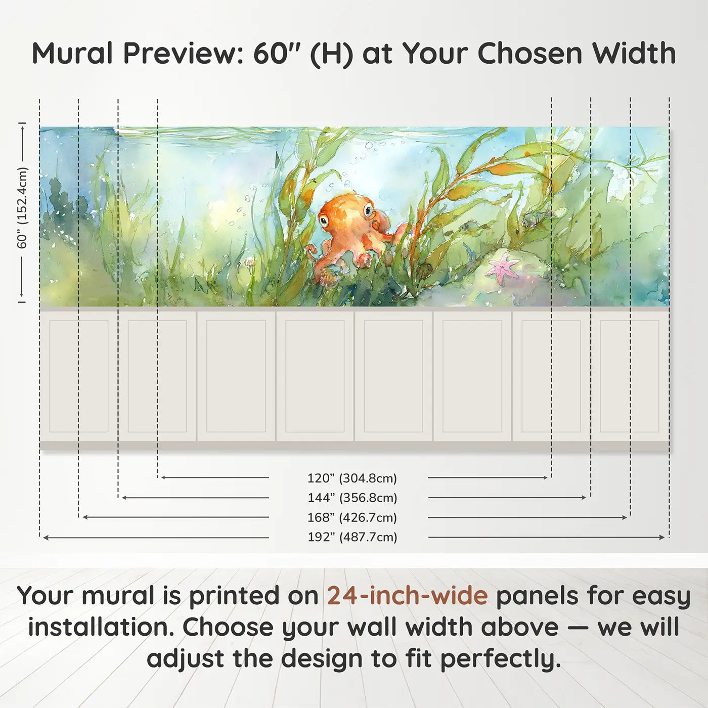 Panel dimensions for Octopus Kelp Forest Swim Wainscoting Wallpaper by Whimsy Tots