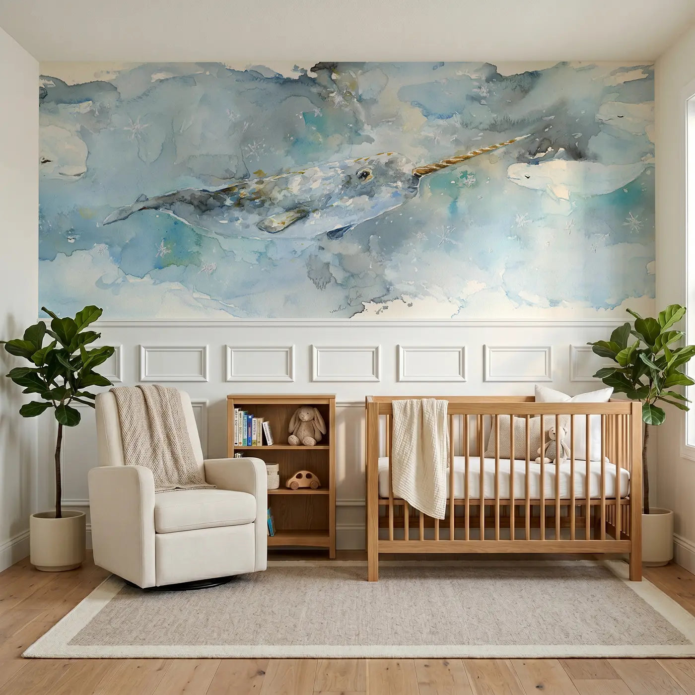 Watercolor narwhal arctic water glow wainscoting wallpaper for nursery by Whimsy Tots