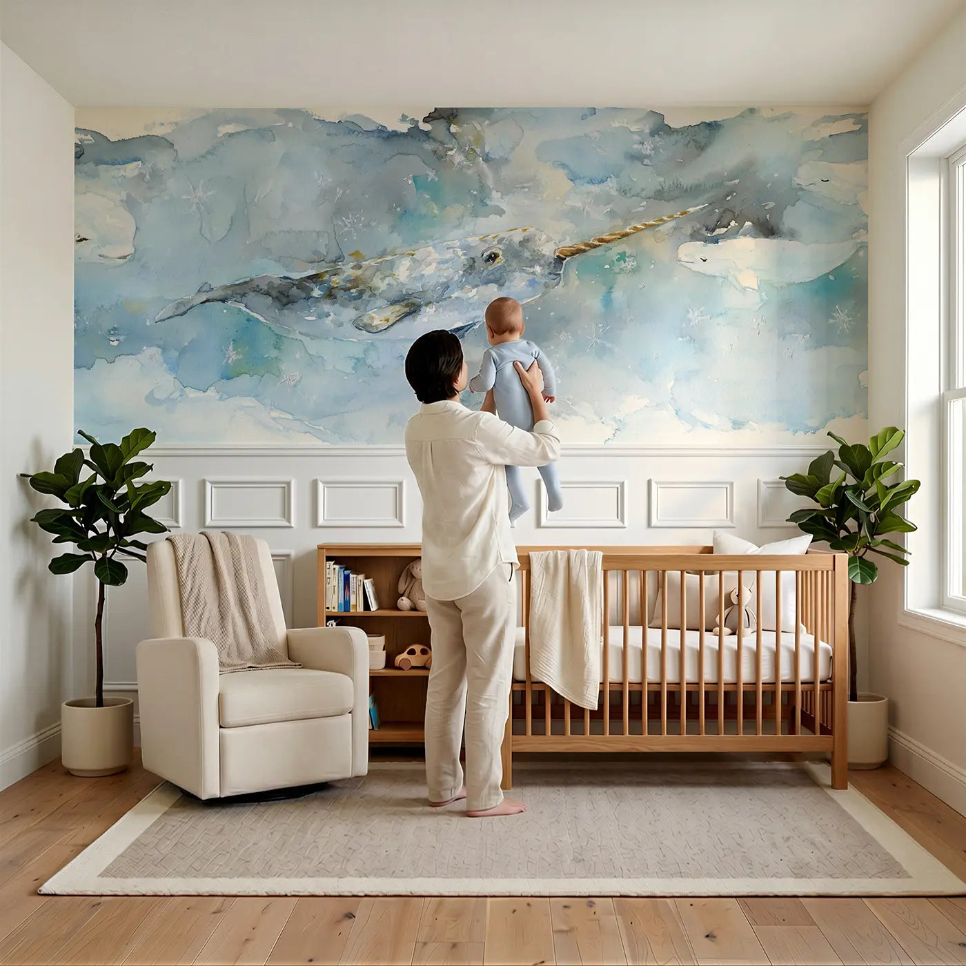 Child reading near Narwhal Arctic Water Glow Wainscoting Wallpaper by Whimsy Tots