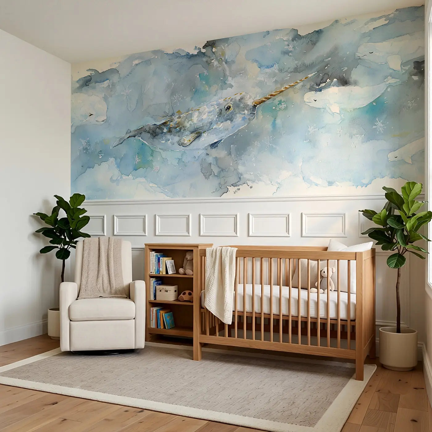 Narwhal Arctic Water Glow Wainscoting Wallpaper styled in a kids bedroom by Whimsy Tots