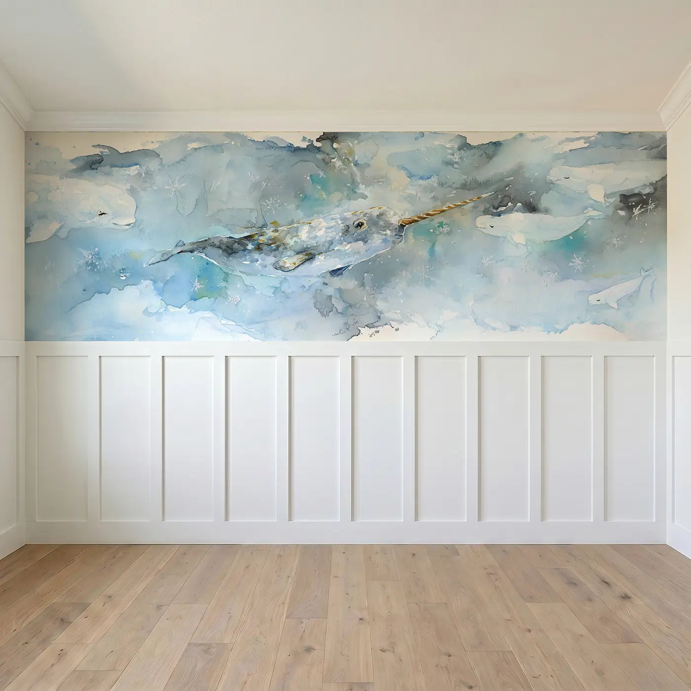 Full panel view of Narwhal Arctic Water Glow Wainscoting Wallpaper by Whimsy Tots